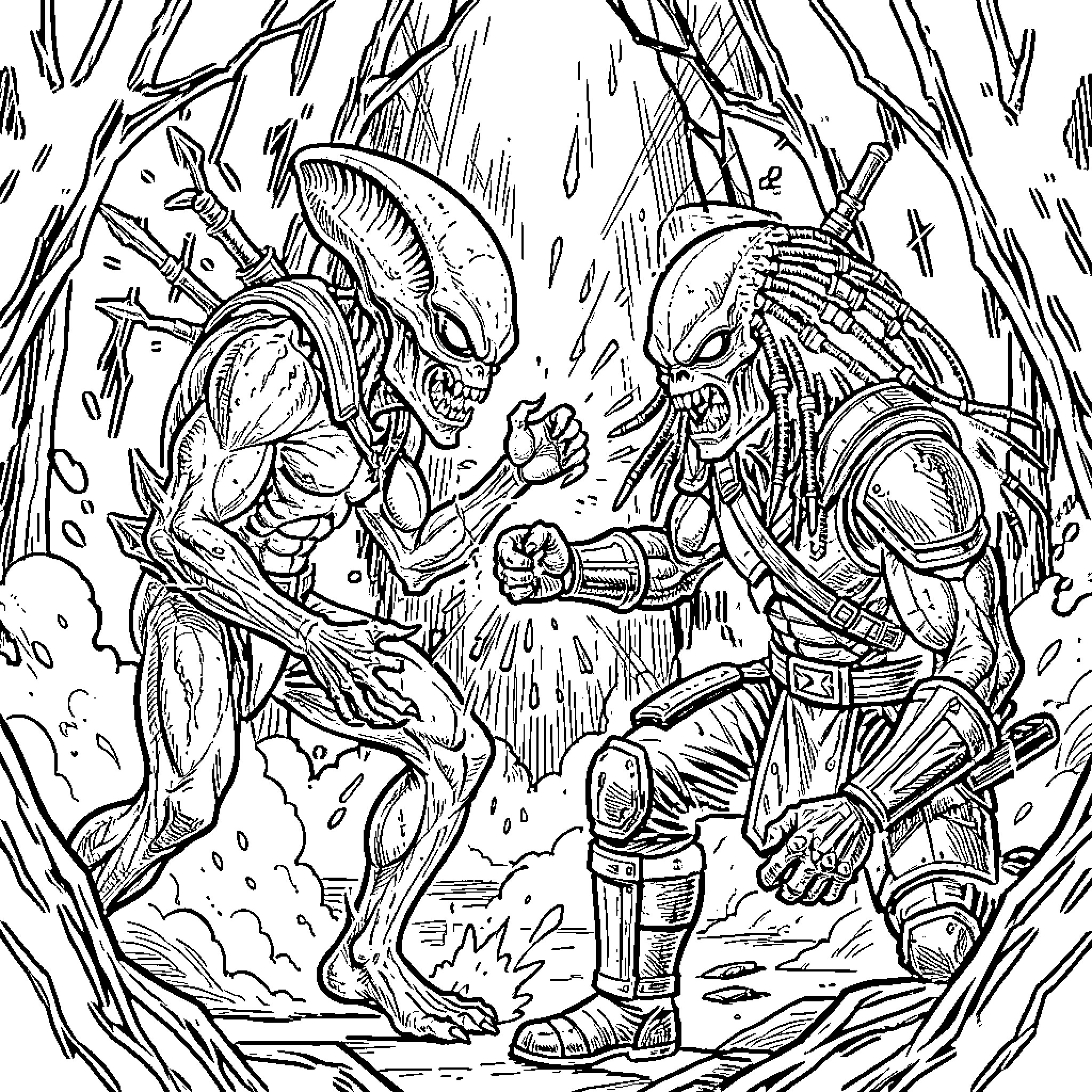 Alien and predator fighting intensely in a forest Coloring Page (free black-and-white line drawing printable PDF for all, from beginners to advanced learners, including children, teens, adults, and seniors)