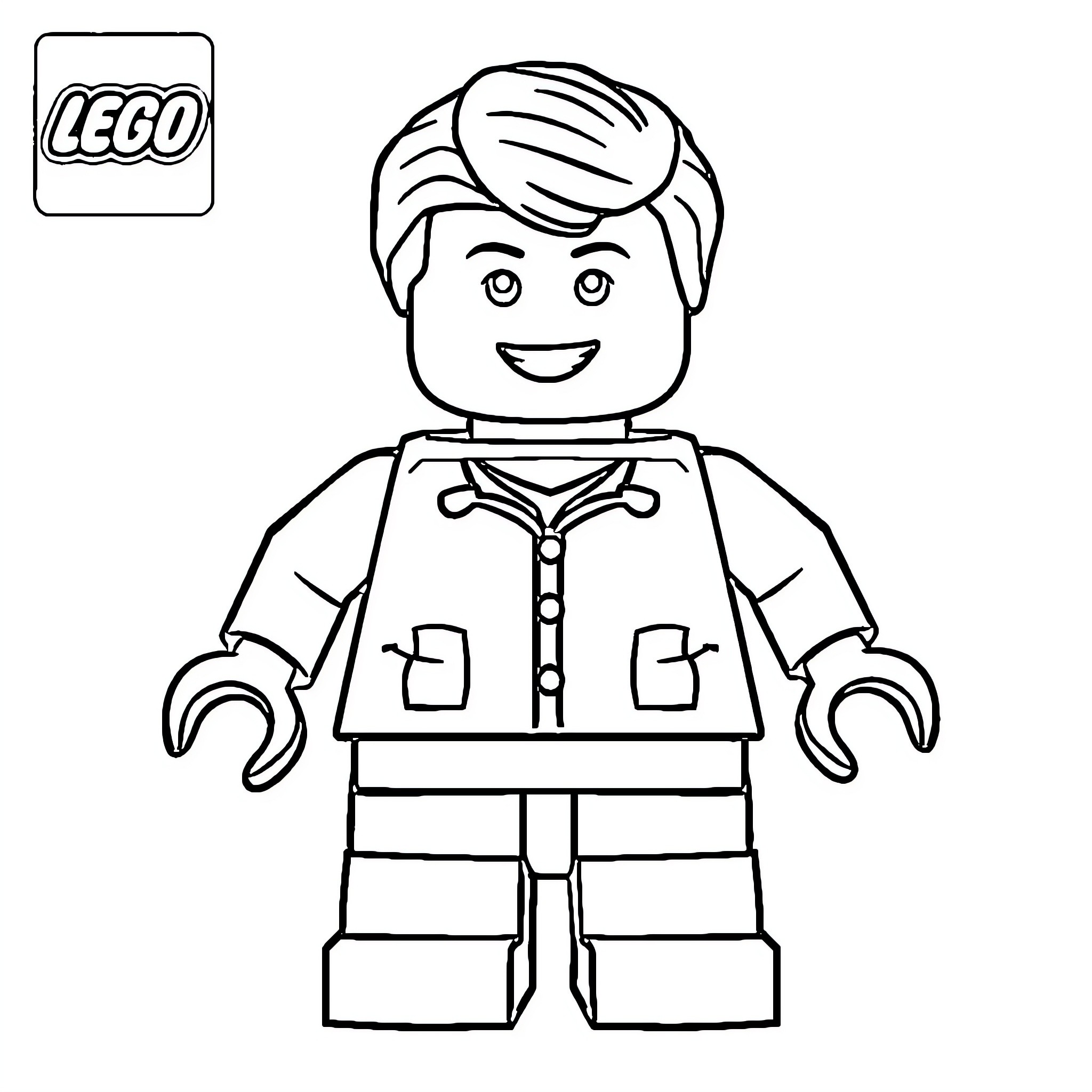 Lego Mini Figure posing in casual outfit Coloring Page (free black-and-white line drawing printable PDF for all, from beginners to advanced learners, including children, teens, adults, and seniors)