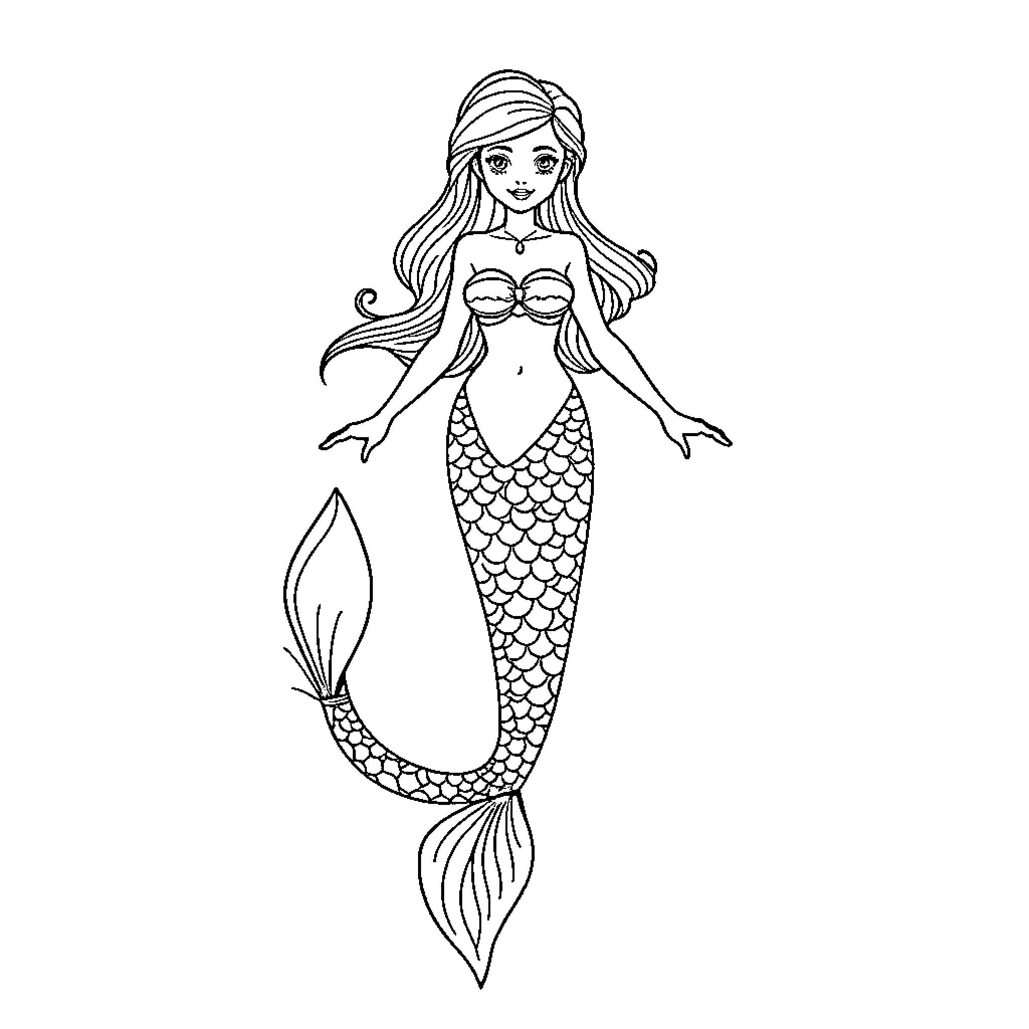 Mermaid posing with graceful elegance Coloring Page (free black-and-white line drawing printable PDF for all, from beginners to advanced learners, including children, teens, adults, and seniors)