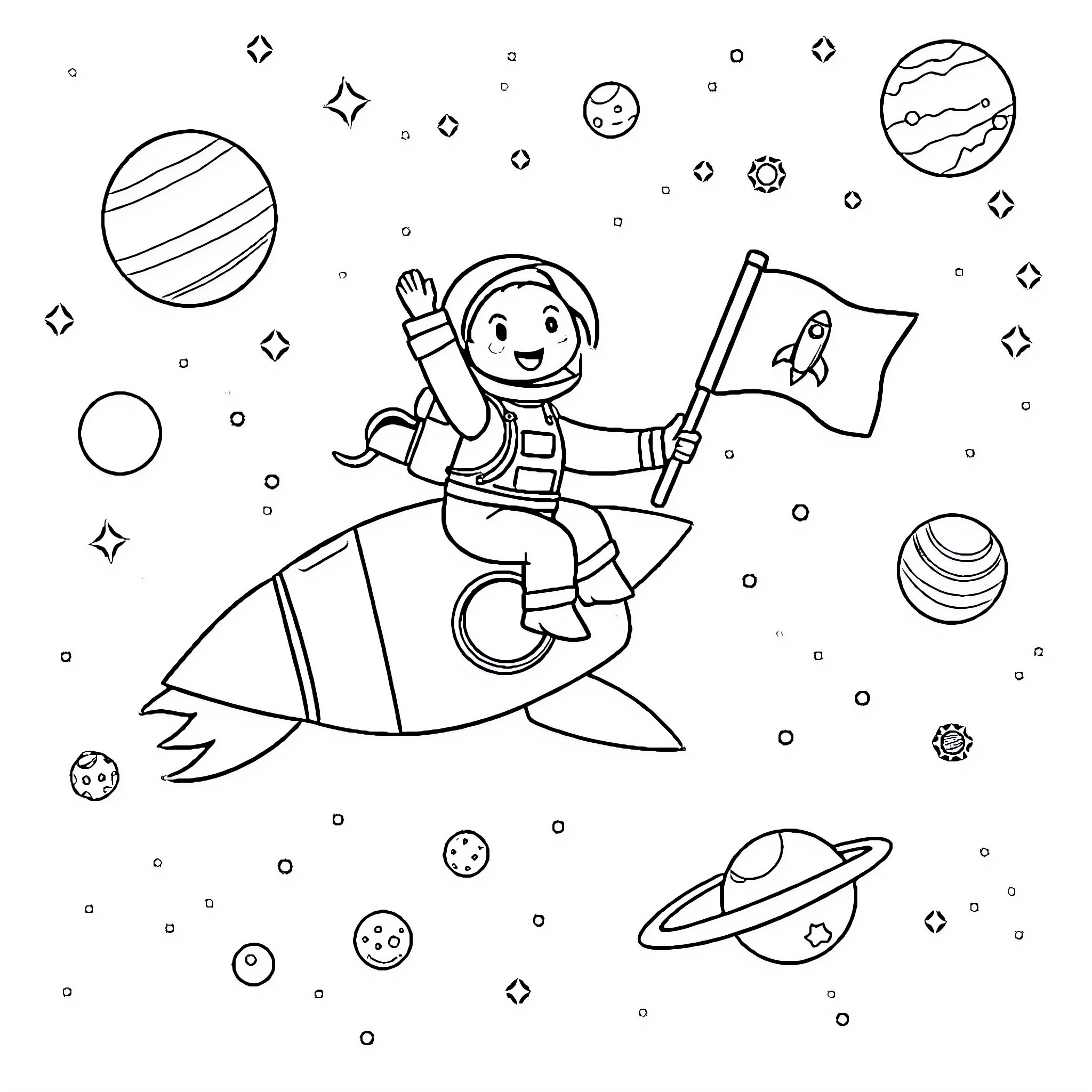 Astronaut explores outer space on a rocket Coloring Page (free black-and-white line drawing printable PDF for all, from beginners to advanced learners, including children, teens, adults, and seniors)
