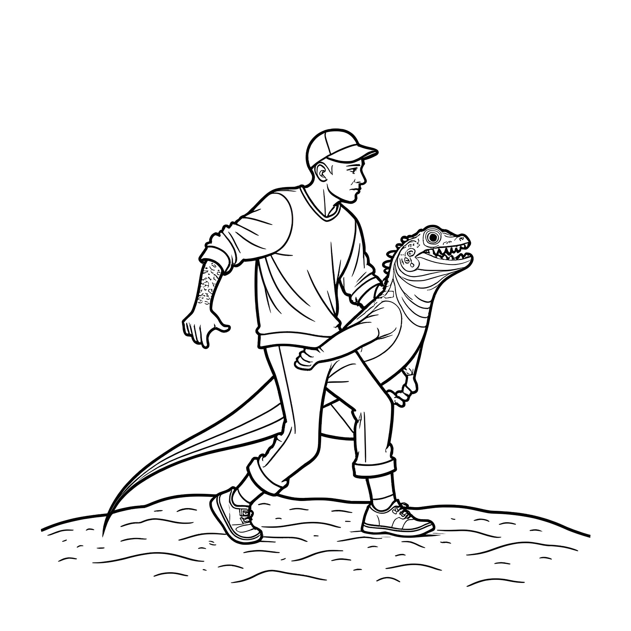 Eminem carrying an alligator in an outdoor setting Coloring Page (free black-and-white line drawing printable PDF for all, from beginners to advanced learners, including children, teens, adults, and seniors)