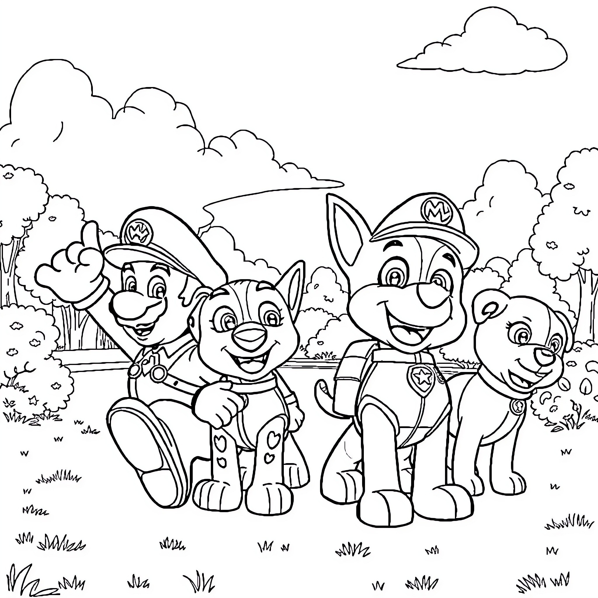 Mario and Paw Patrol pups on an adventure Coloring Page (free black-and-white line drawing printable PDF for all, from beginners to advanced learners, including children, teens, adults, and seniors)