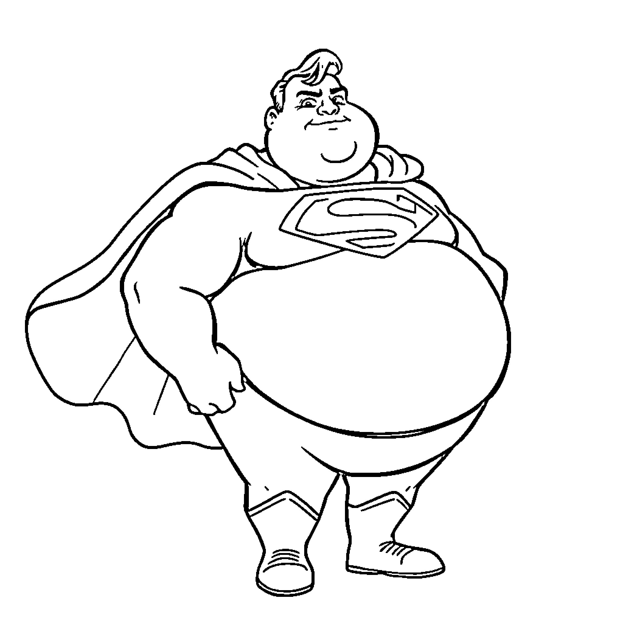 Superman in a comical, overweight pose Coloring Page (free black-and-white line drawing printable PDF for all, from beginners to advanced learners, including children, teens, adults, and seniors)