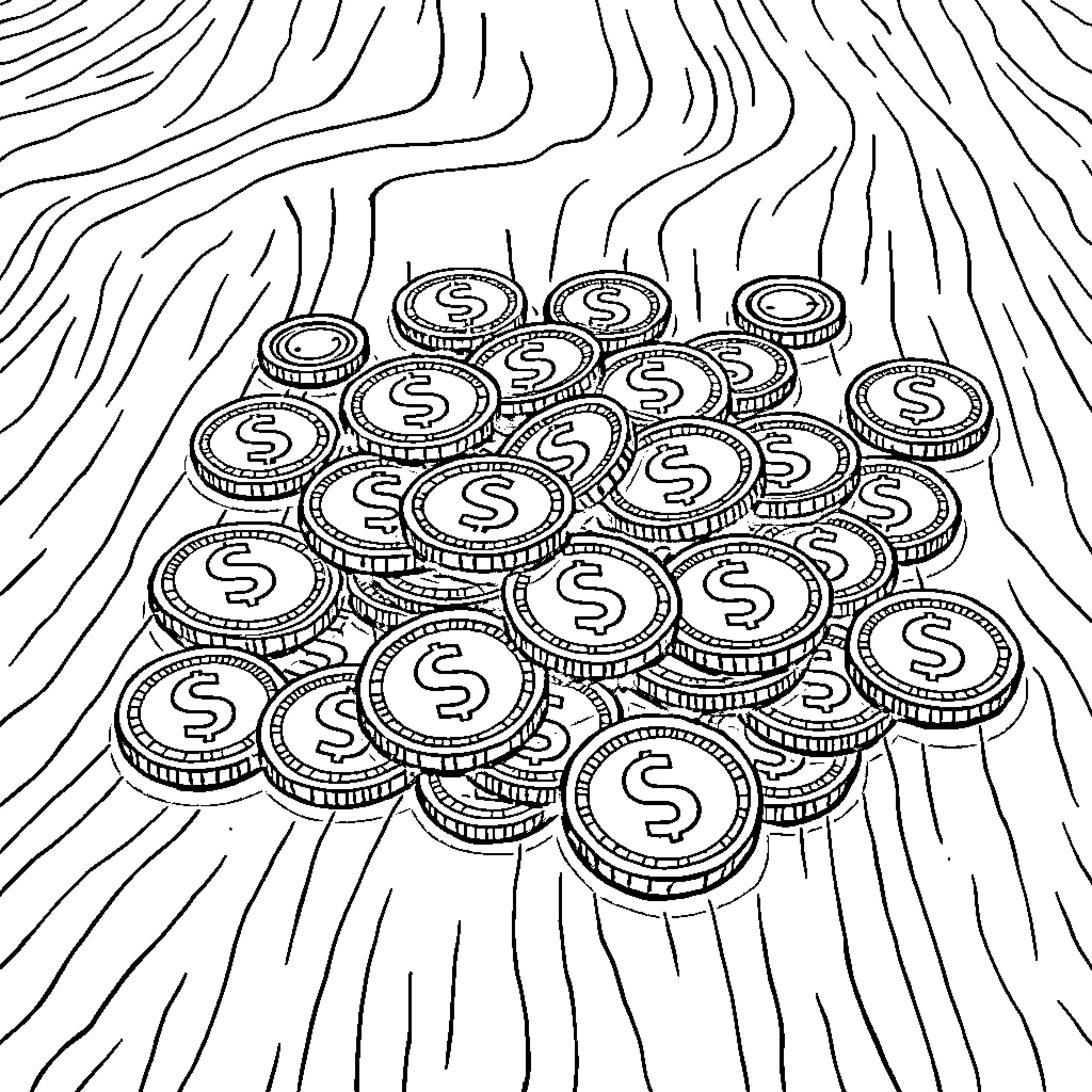 Coin treasure in the maze Coloring Page (free black-and-white line drawing printable PDF for all, from beginners to advanced learners, including children, teens, adults, and seniors)