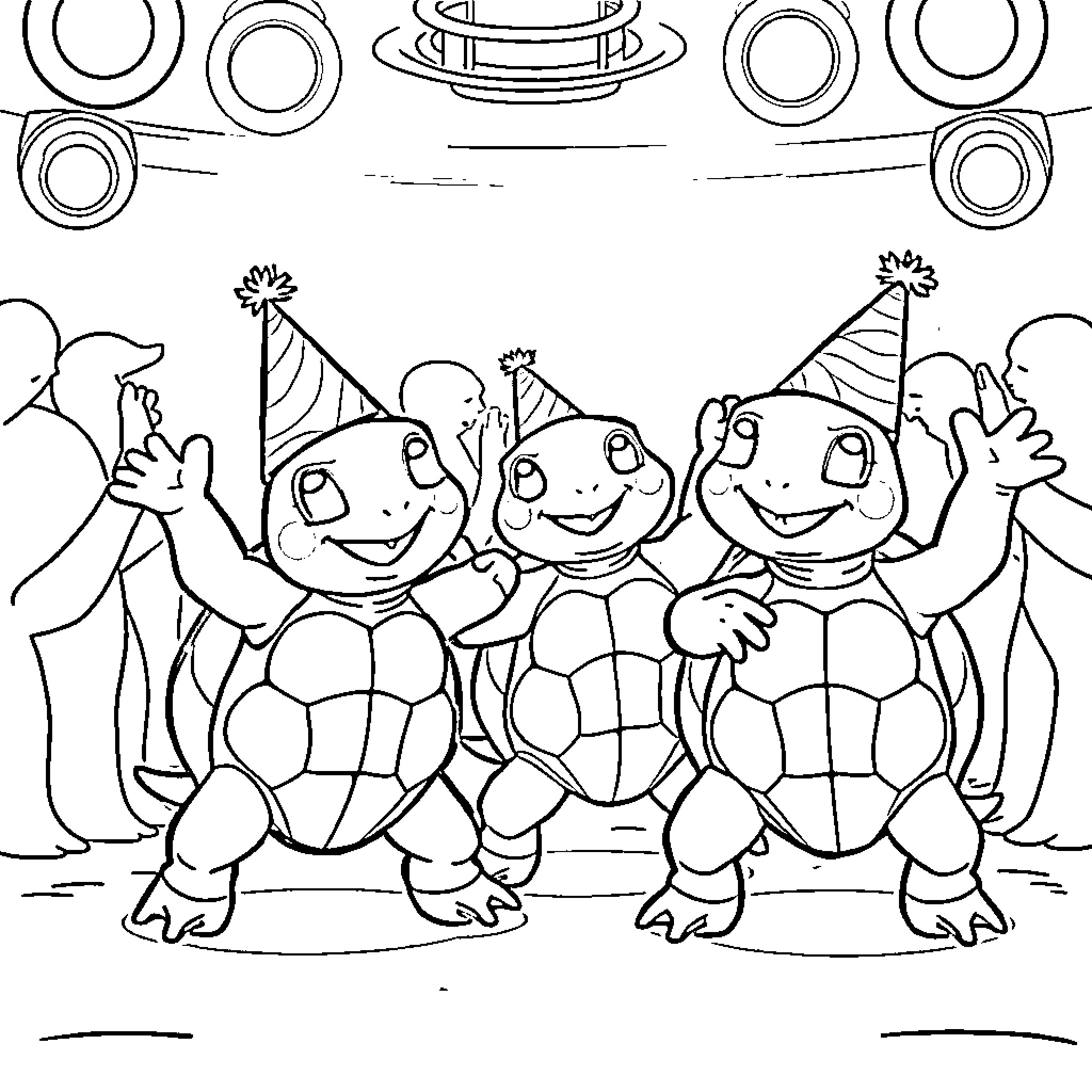 Turtle party with friends in black and white Coloring Page (free black-and-white line drawing printable PDF for all, from beginners to advanced learners, including children, teens, adults, and seniors)