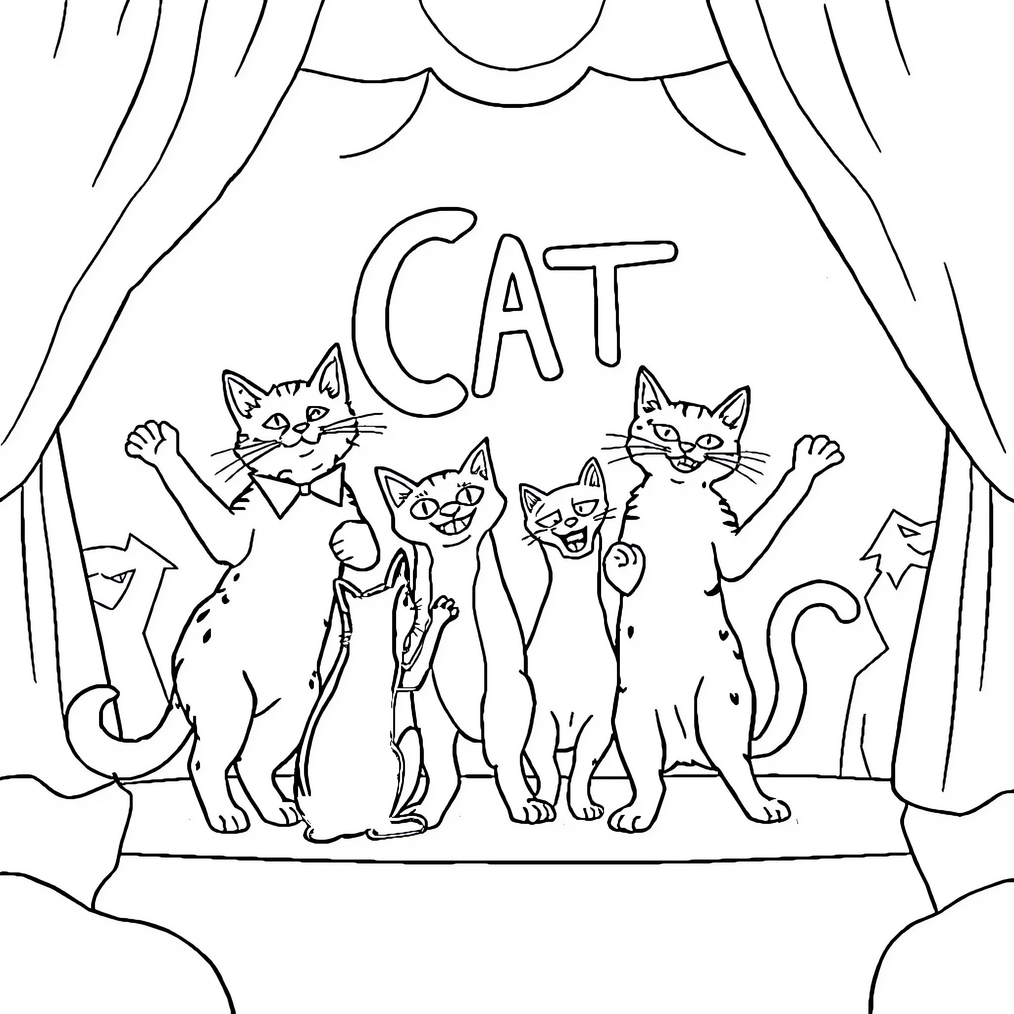 Cats performing on stage Coloring Page (free black-and-white line drawing printable PDF for all, from beginners to advanced learners, including children, teens, adults, and seniors)