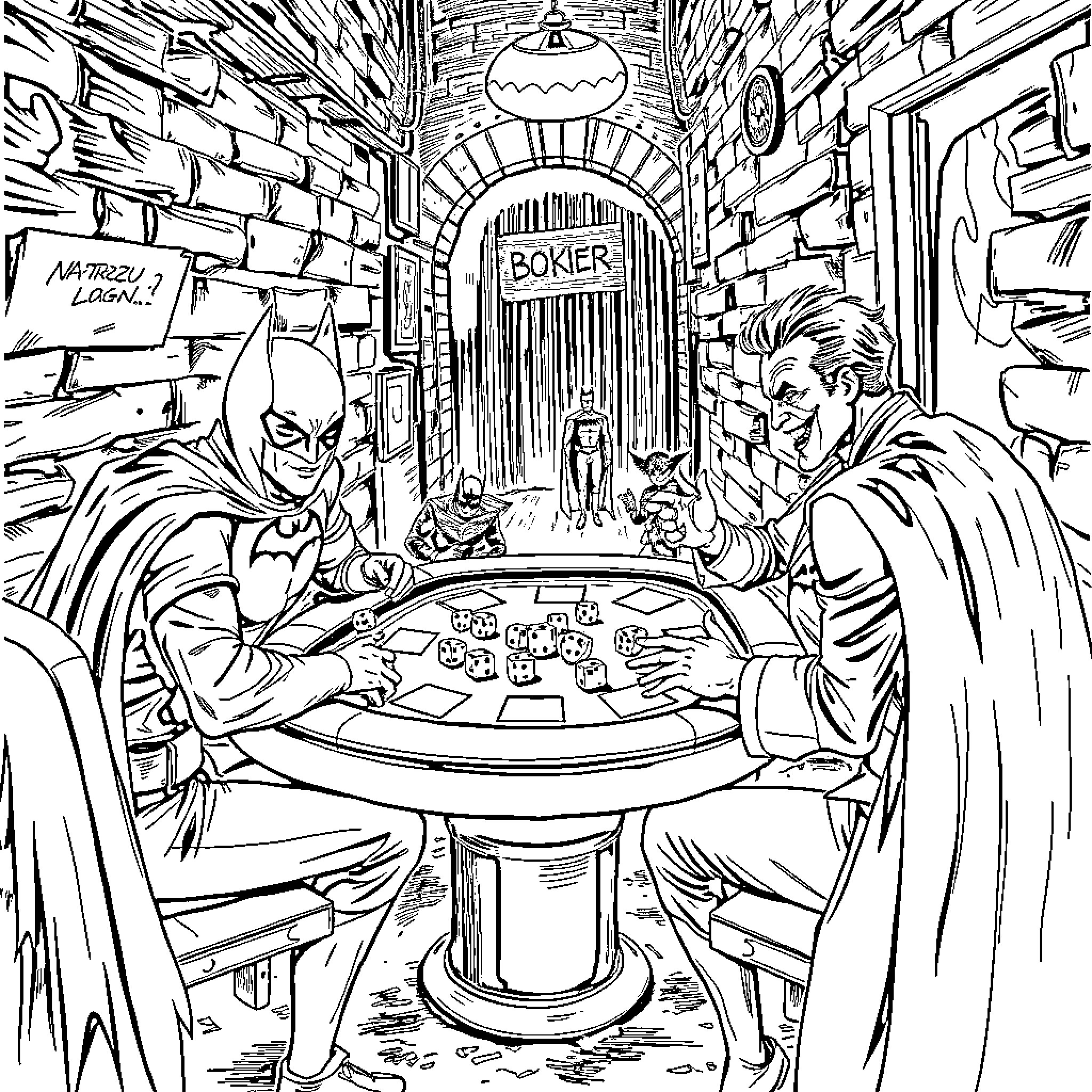 Batman and Joker playing a high-stakes game in a gritty alleyway Coloring Page (free black-and-white line drawing printable PDF for all, from beginners to advanced learners, including children, teens, adults, and seniors)