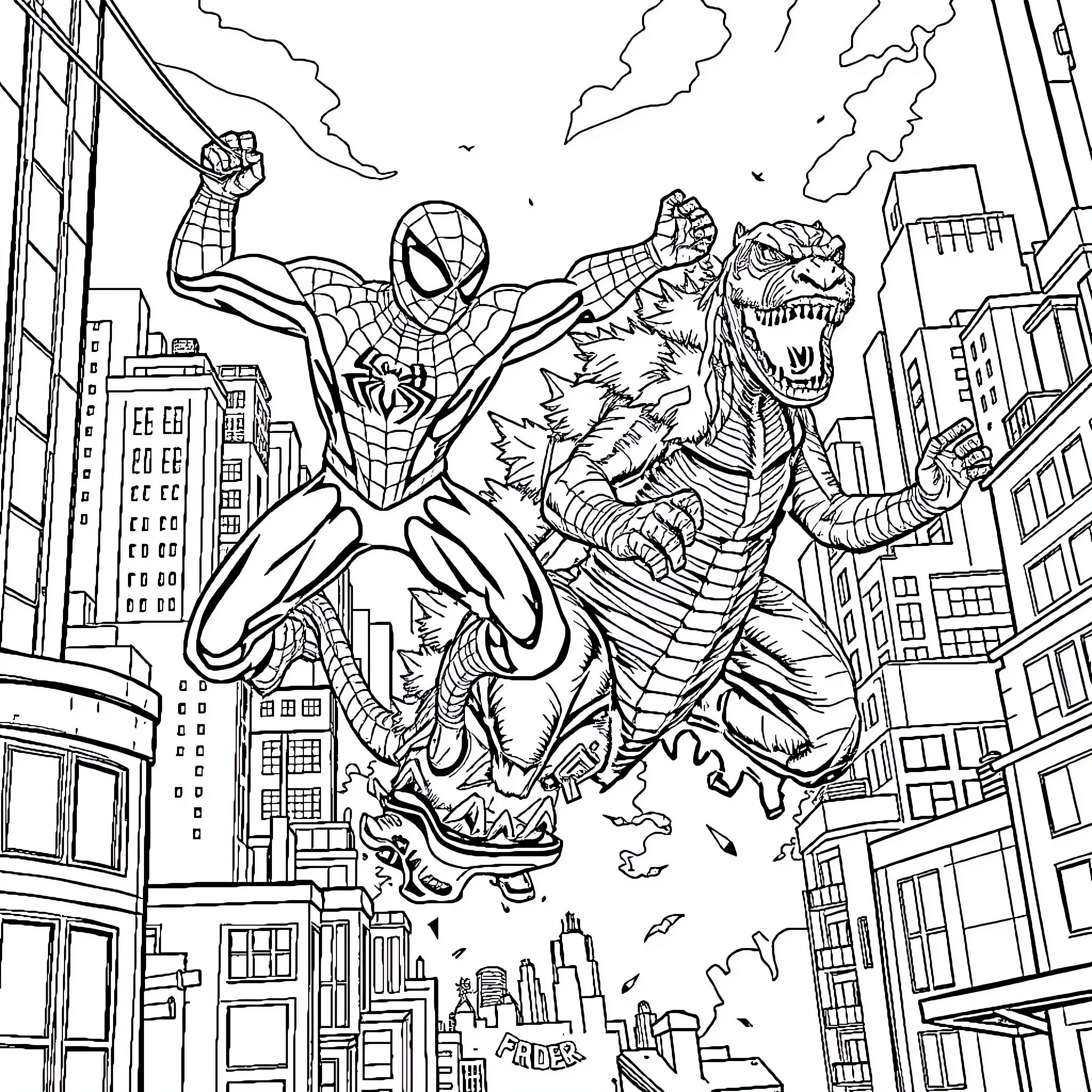 Spiderman battles a giant monster in the city Coloring Page (free black-and-white line drawing printable PDF for all, from beginners to advanced learners, including children, teens, adults, and seniors)