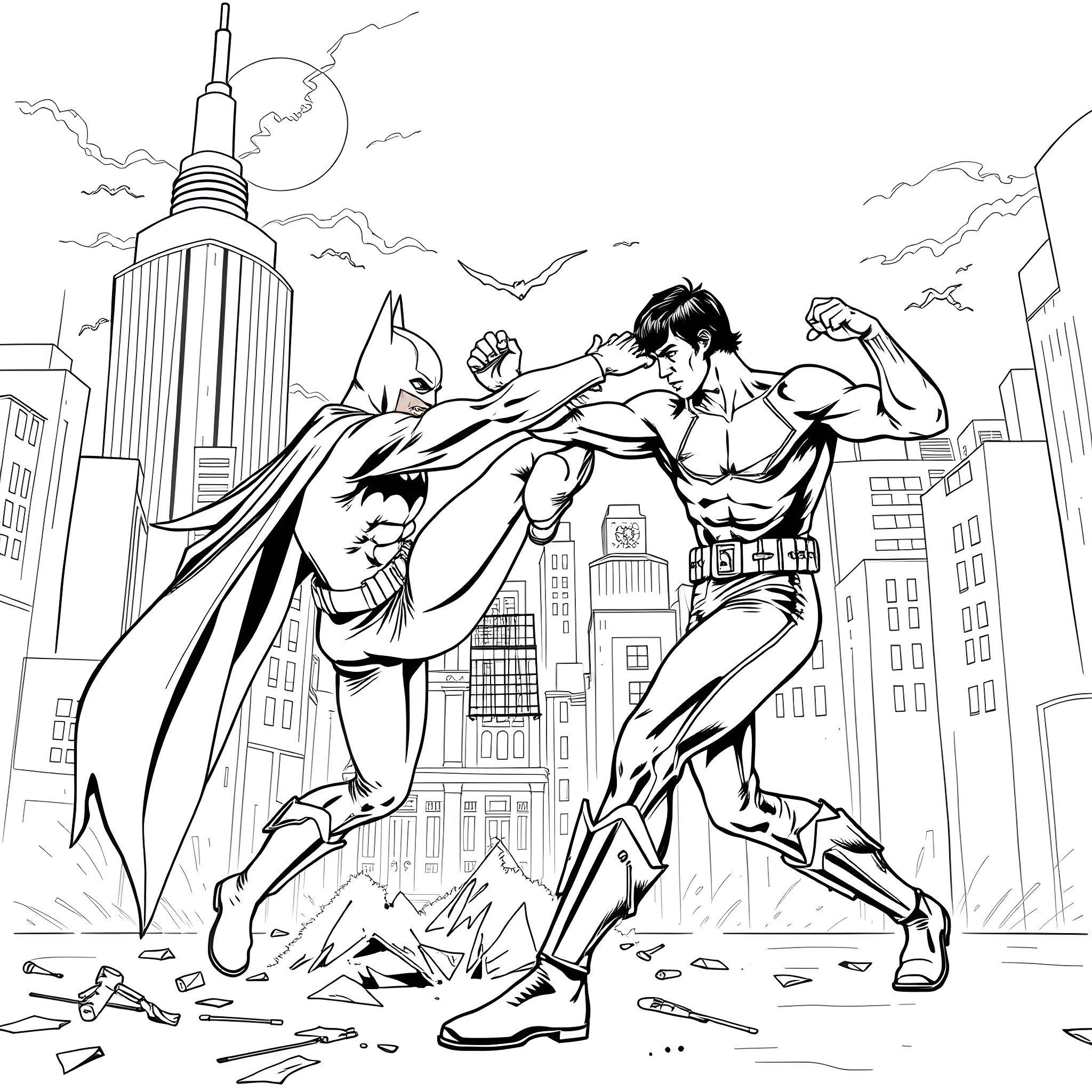 Batman and Superhero Battling in the City Coloring Page (free black-and-white line drawing printable PDF for all, from beginners to advanced learners, including children, teens, adults, and seniors)
