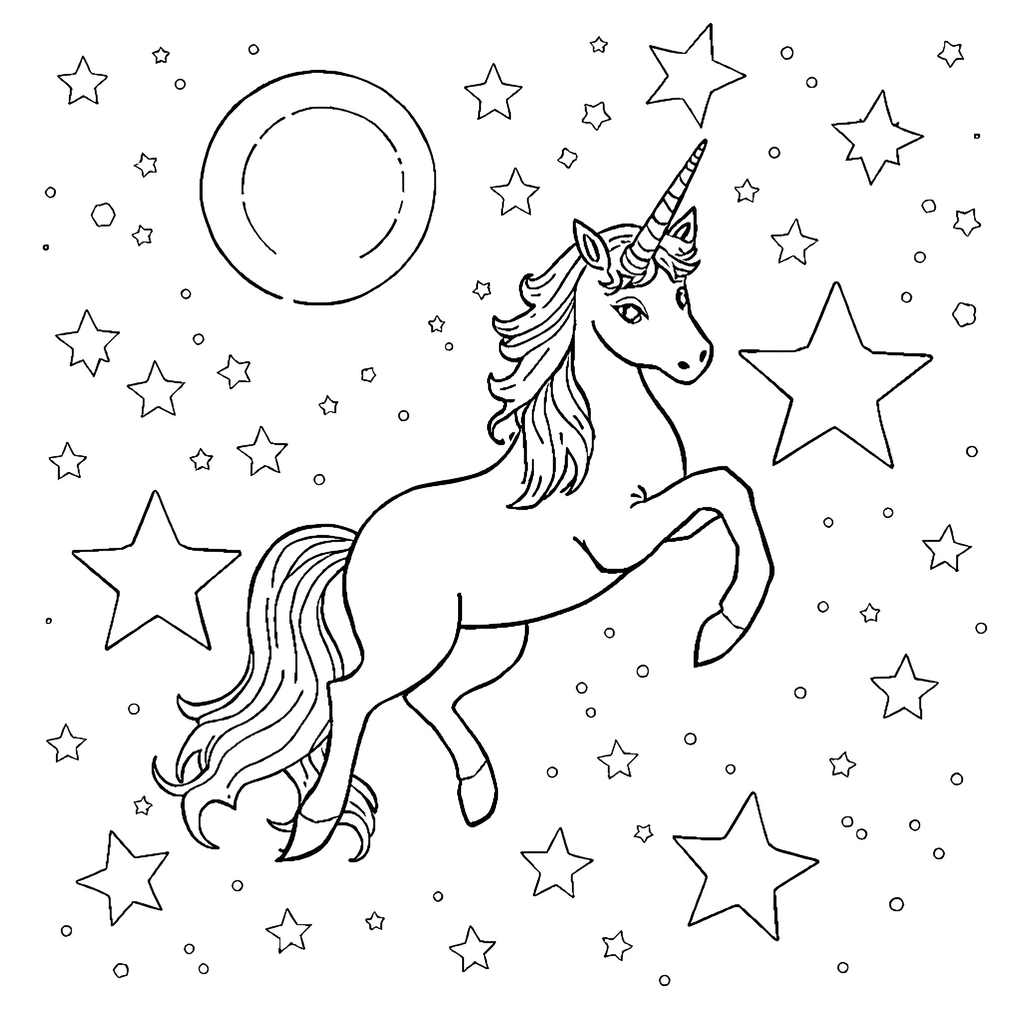 Unicorn dancing among the stars Coloring Page (free black-and-white line drawing printable PDF for all, from beginners to advanced learners, including children, teens, adults, and seniors)