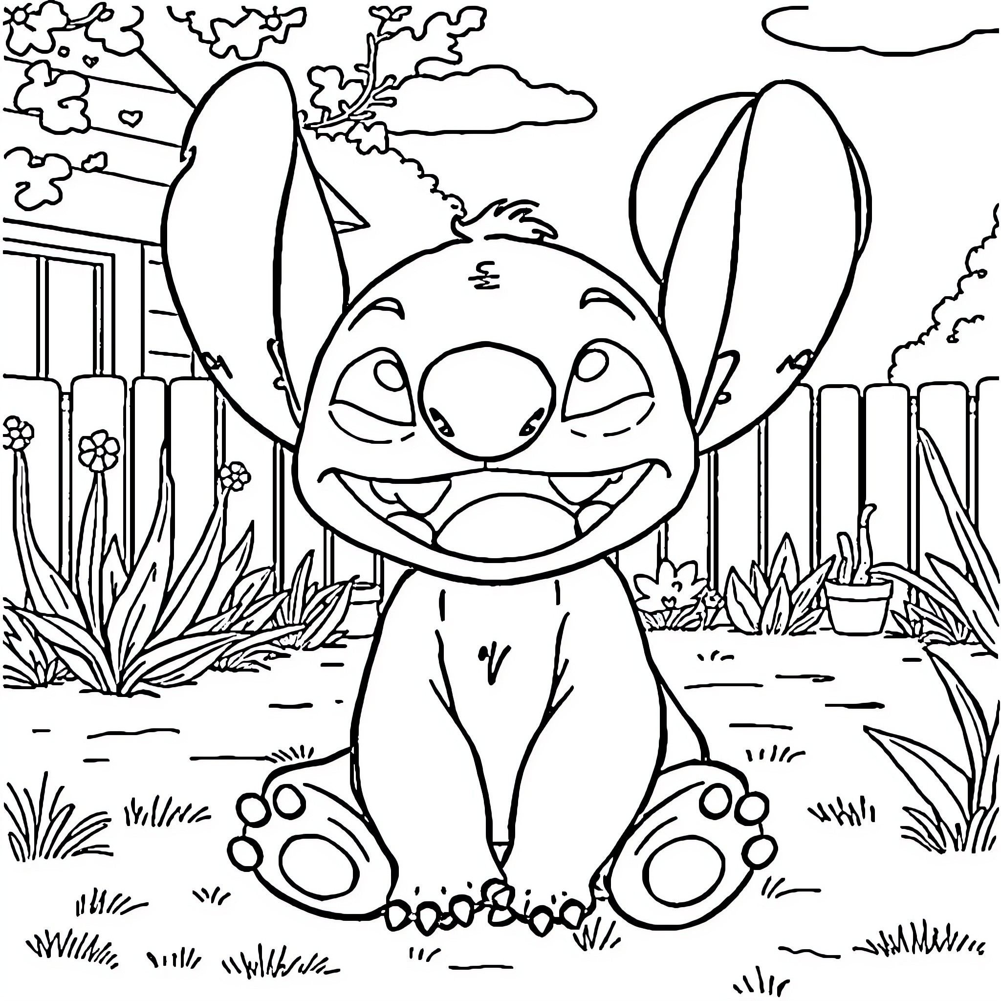 Stitch sitting happily in a garden scene Coloring Page (free black-and-white line drawing printable PDF for all, from beginners to advanced learners, including children, teens, adults, and seniors)