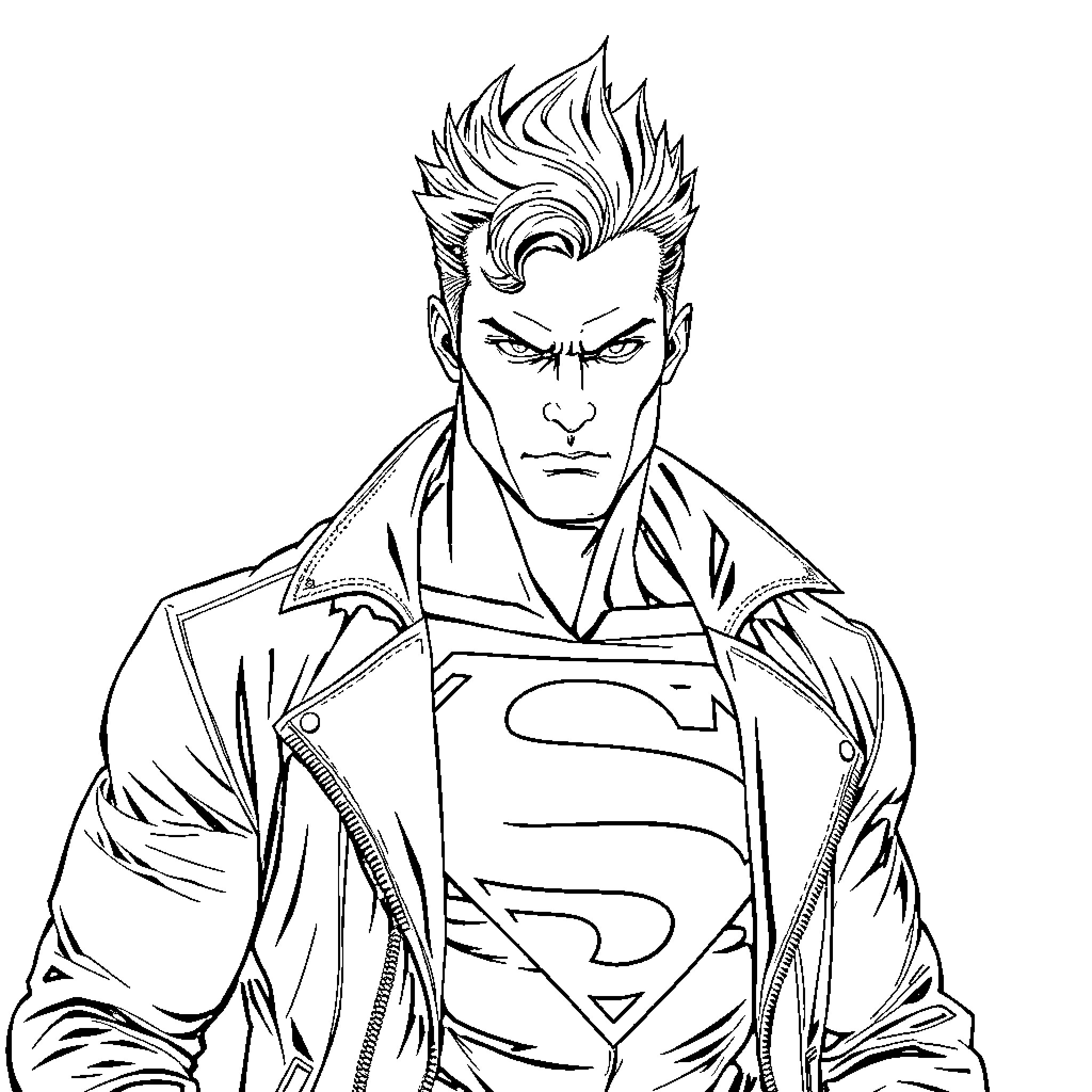 Superman in heroic stance with determined expression Coloring Page (free black-and-white line drawing printable PDF for all, from beginners to advanced learners, including children, teens, adults, and seniors)