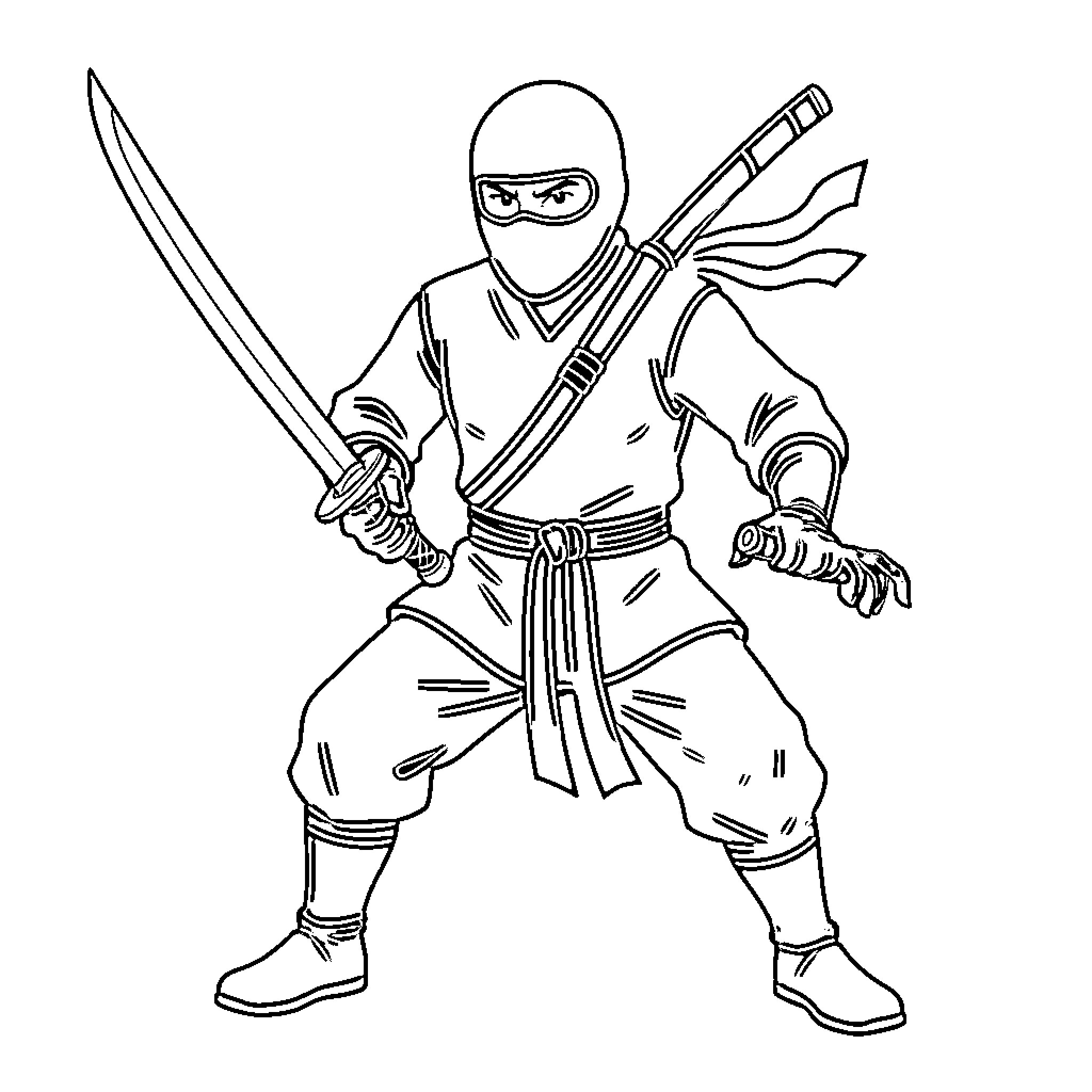 Ninja in Action with Weapons and Gear Coloring Page (free black-and-white line drawing printable PDF for all, from beginners to advanced learners, including children, teens, adults, and seniors)