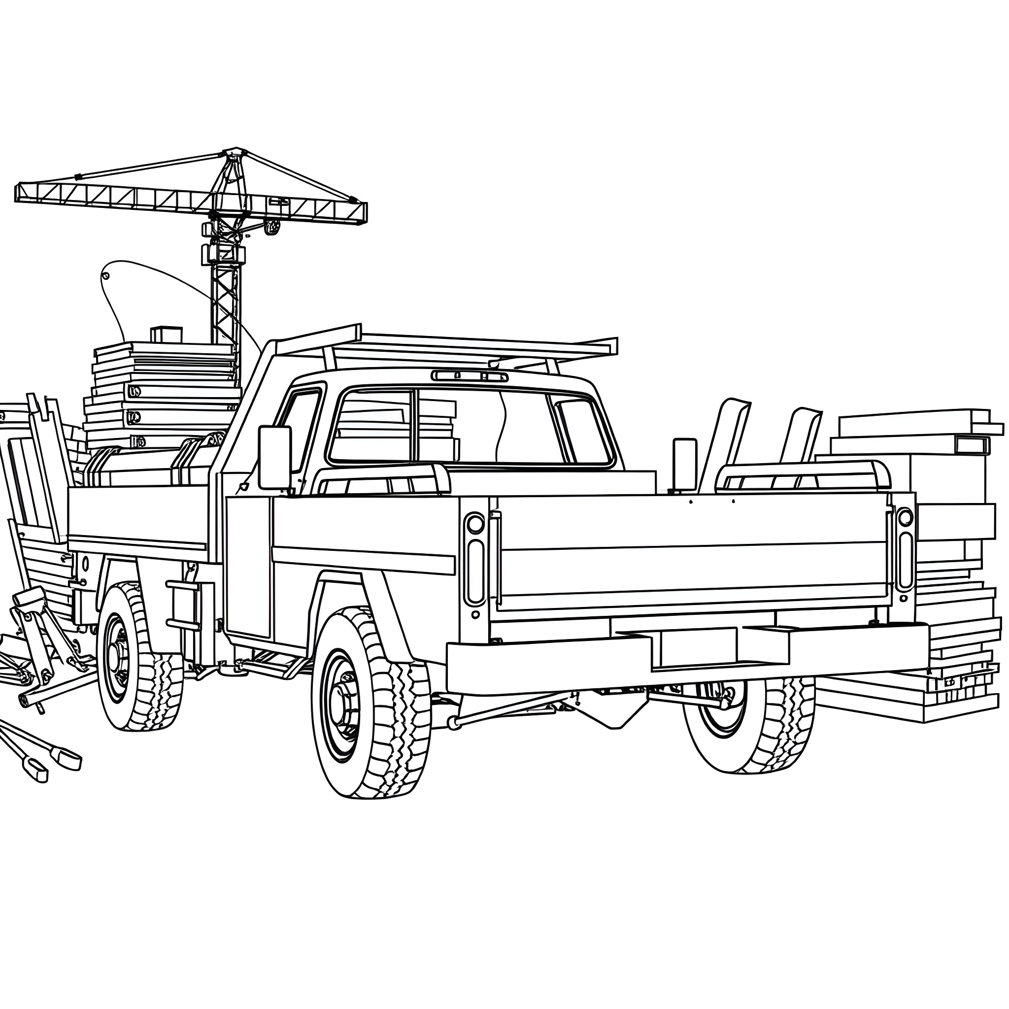 Pickup truck carrying construction equipment Coloring Page (free black-and-white line drawing printable PDF for all, from beginners to advanced learners, including children, teens, adults, and seniors)