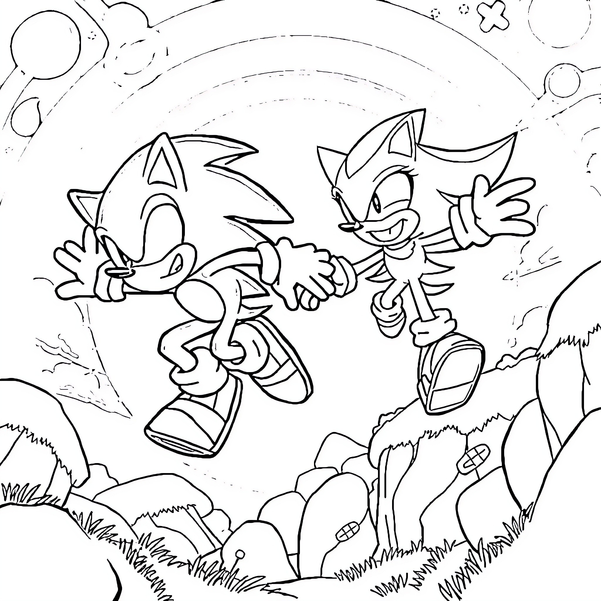 Sonic characters in an adventurous scene Coloring Page (free black-and-white line drawing printable PDF for all, from beginners to advanced learners, including children, teens, adults, and seniors)