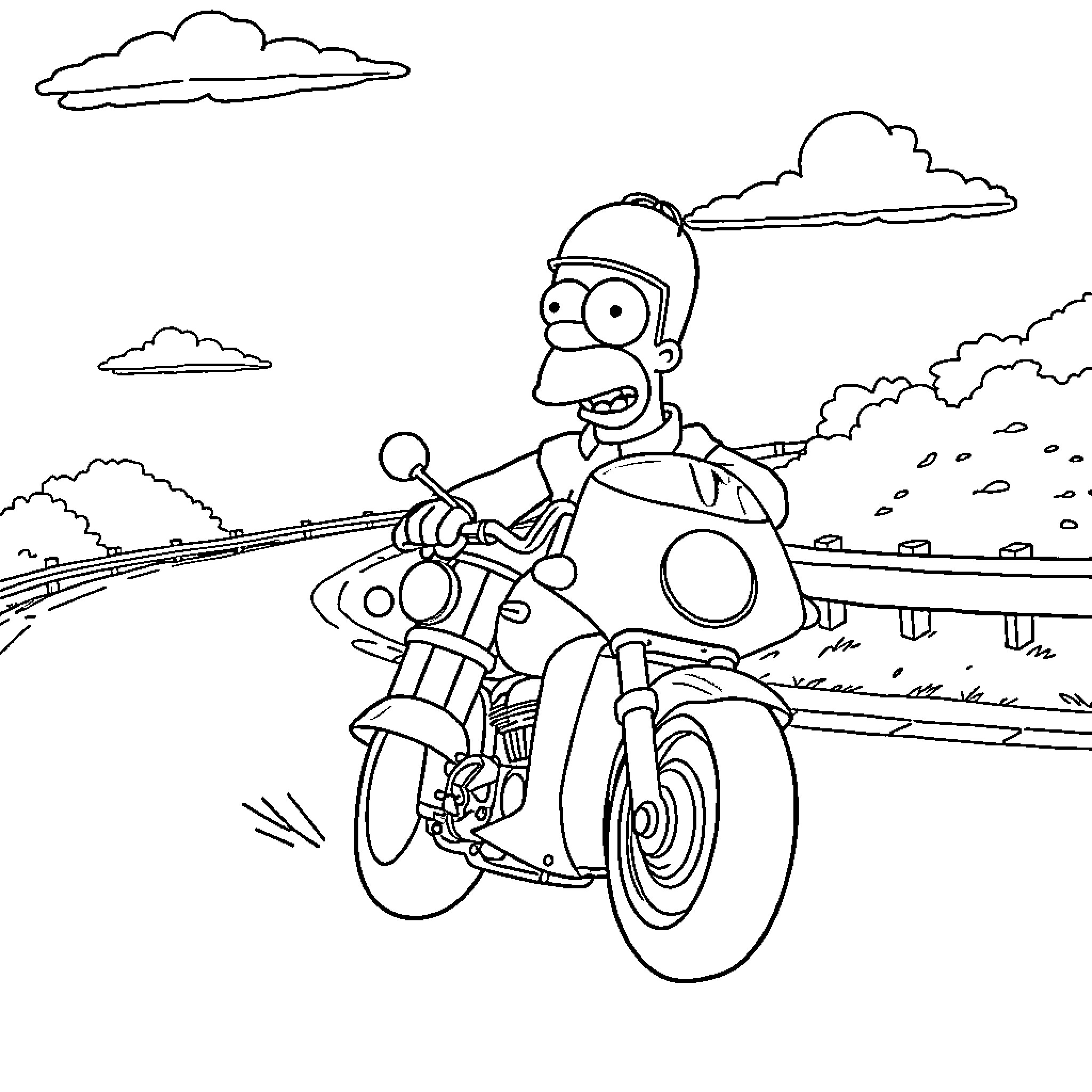 Homer Simpson riding motorcycle in rural landscape Coloring Page (free black-and-white line drawing printable PDF for all, from beginners to advanced learners, including children, teens, adults, and seniors)