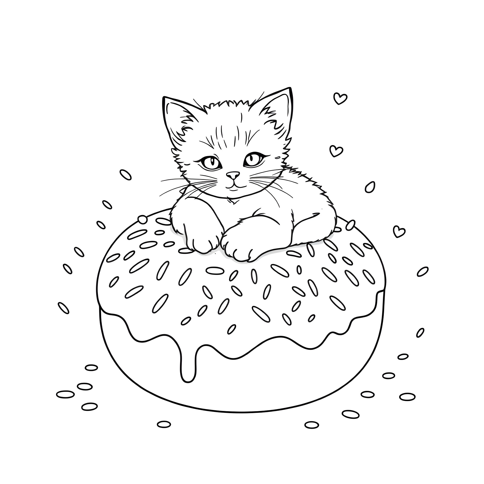 Kitty nestled in a sweet donut Coloring Page (free black-and-white line drawing printable PDF for all, from beginners to advanced learners, including children, teens, adults, and seniors)