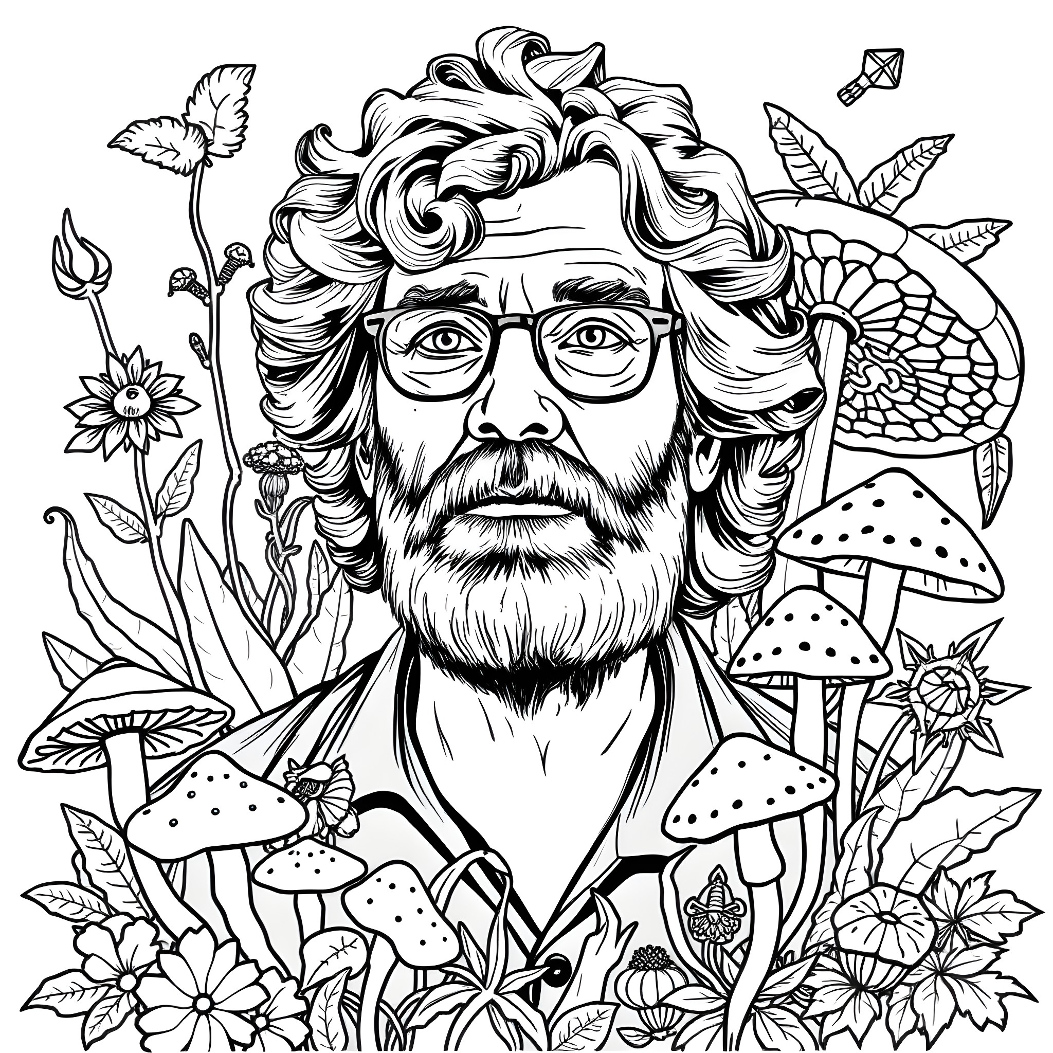 Terence McKenna surrounded by psychedelic nature Coloring Page (free black-and-white line drawing printable PDF for all, from beginners to advanced learners, including children, teens, adults, and seniors)