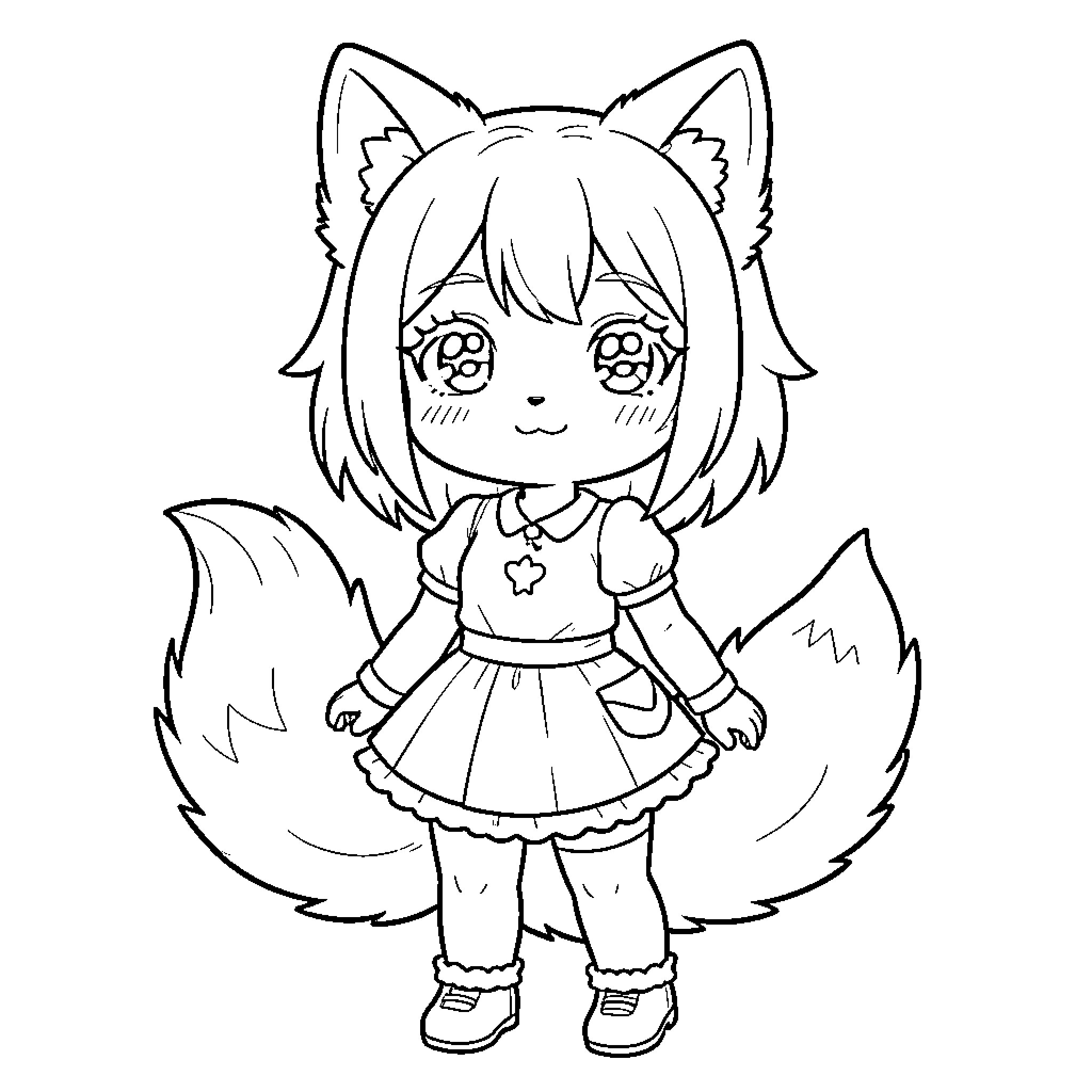 Wolf Girl in Cute Outfit Coloring Page (free black-and-white line drawing printable PDF for all, from beginners to advanced learners, including children, teens, adults, and seniors)