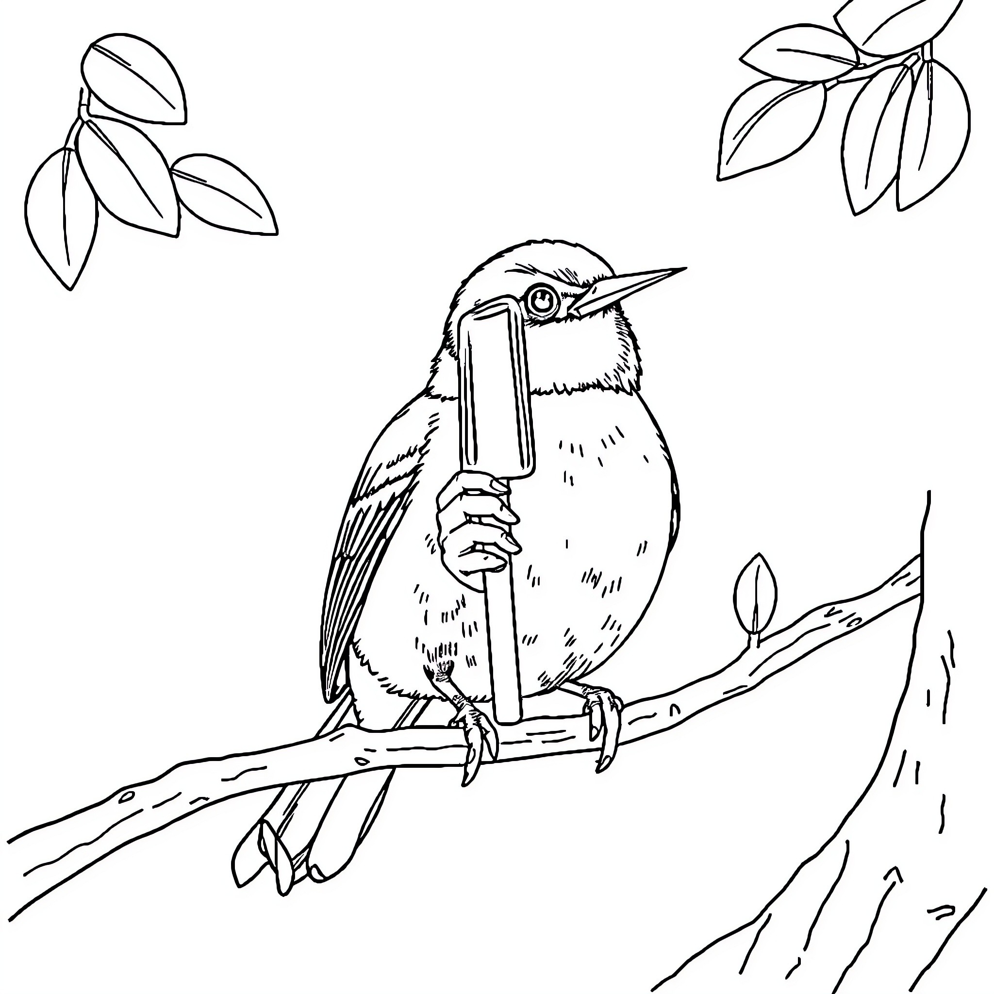 Bird perched on branch with leaves Coloring Page (free black-and-white line drawing printable PDF for all, from beginners to advanced learners, including children, teens, adults, and seniors)
