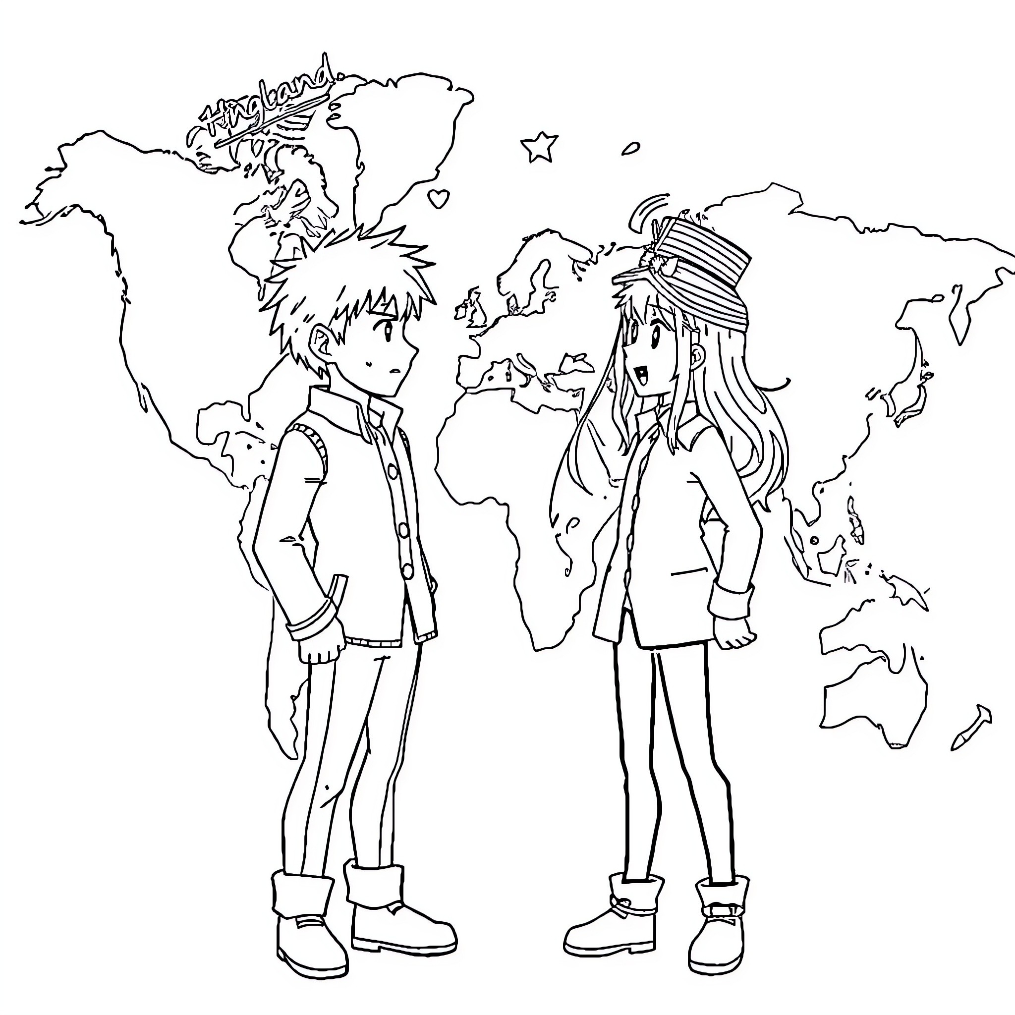 Hetalia: Two characters exploring the world map Coloring Page (free black-and-white line drawing printable PDF for all, from beginners to advanced learners, including children, teens, adults, and seniors)