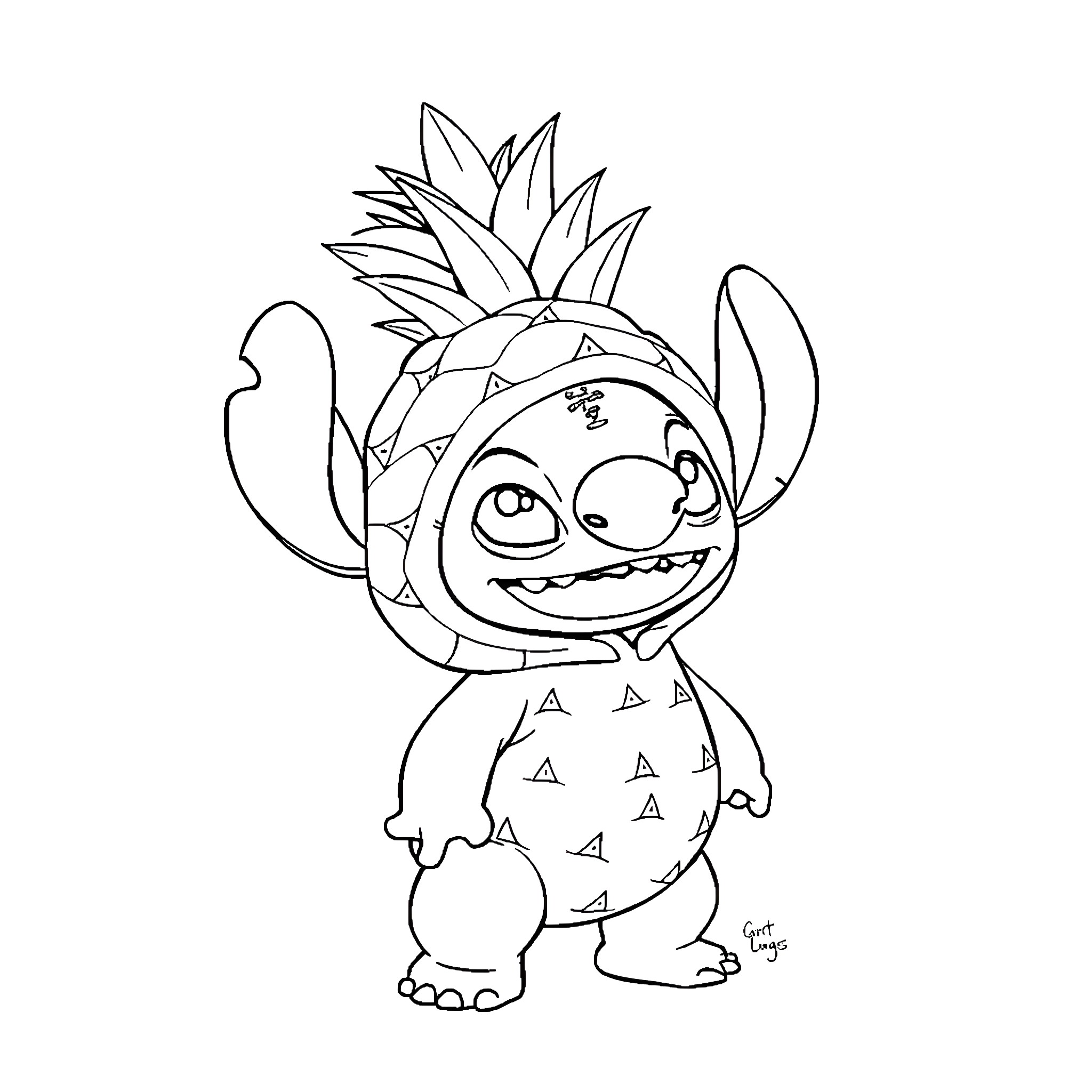 Stitch dressed up as a pineapple Coloring Page (free black-and-white line drawing printable PDF for all, from beginners to advanced learners, including children, teens, adults, and seniors)