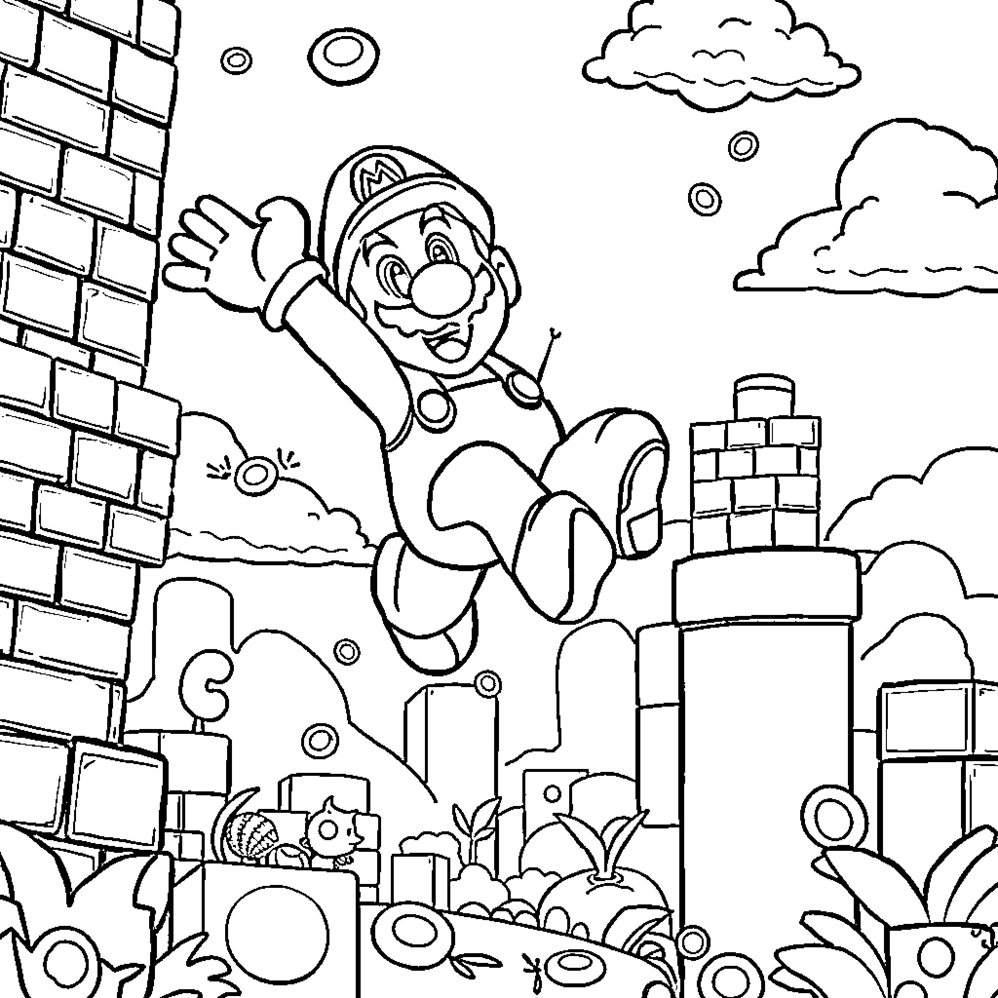 Super Mario leaping joyfully in the Mushroom Kingdom Coloring Page (free black-and-white line drawing printable PDF for all, from beginners to advanced learners, including children, teens, adults, and seniors)