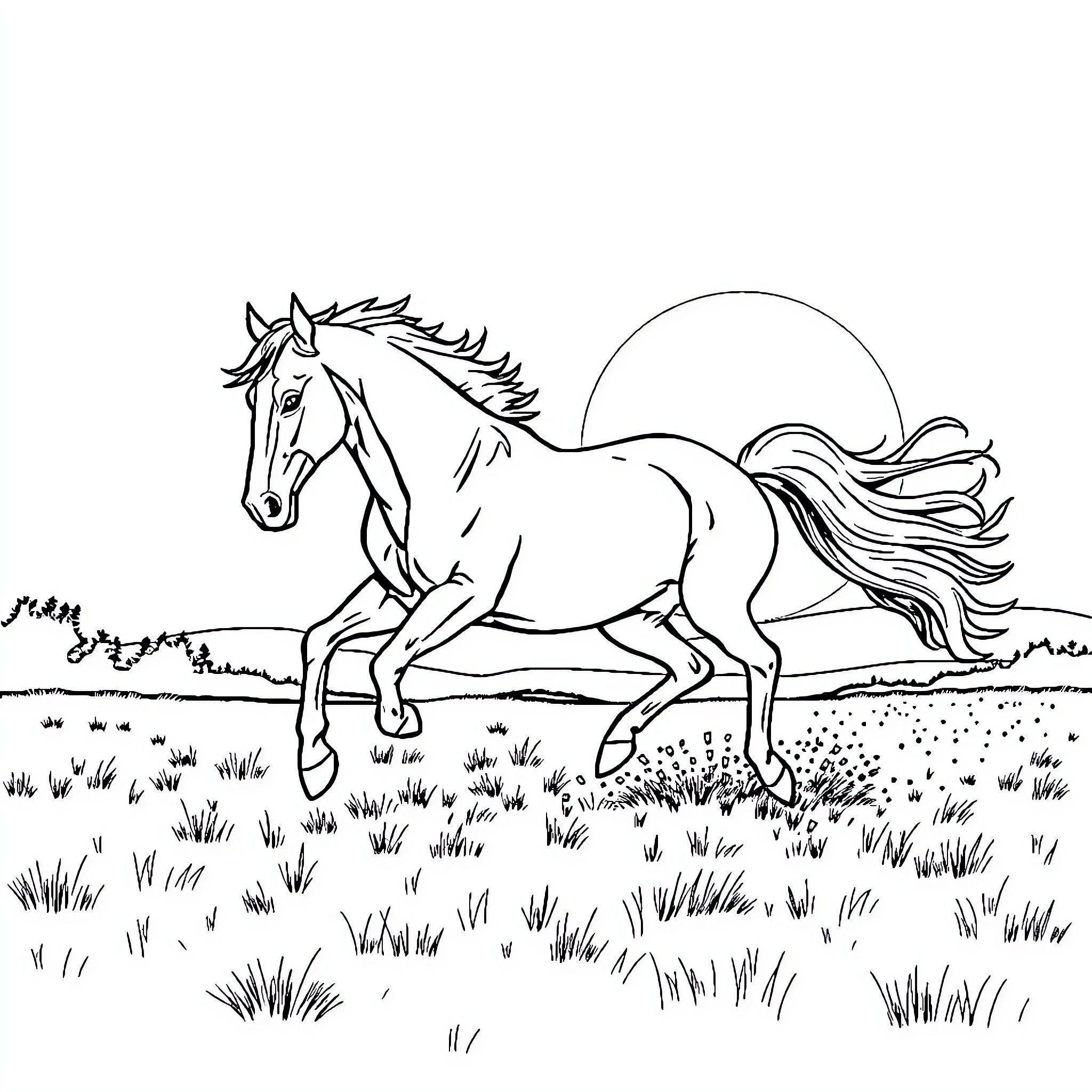 Horse galloping through a field under the sun Coloring Page (free black-and-white line drawing printable PDF for all, from beginners to advanced learners, including children, teens, adults, and seniors)