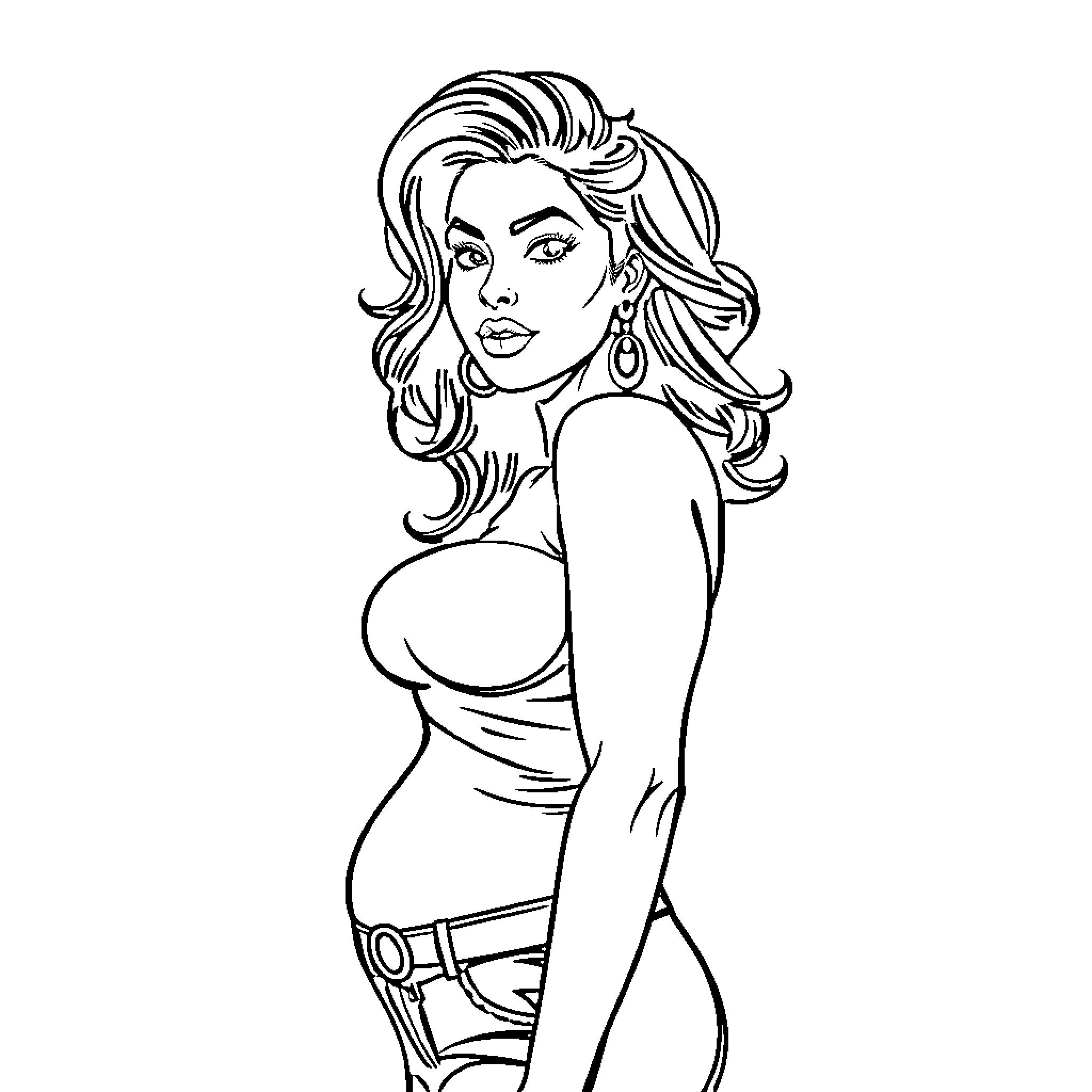 Latina woman with lively expression and stylish outfit Coloring Page (free black-and-white line drawing printable PDF for all, from beginners to advanced learners, including children, teens, adults, and seniors)