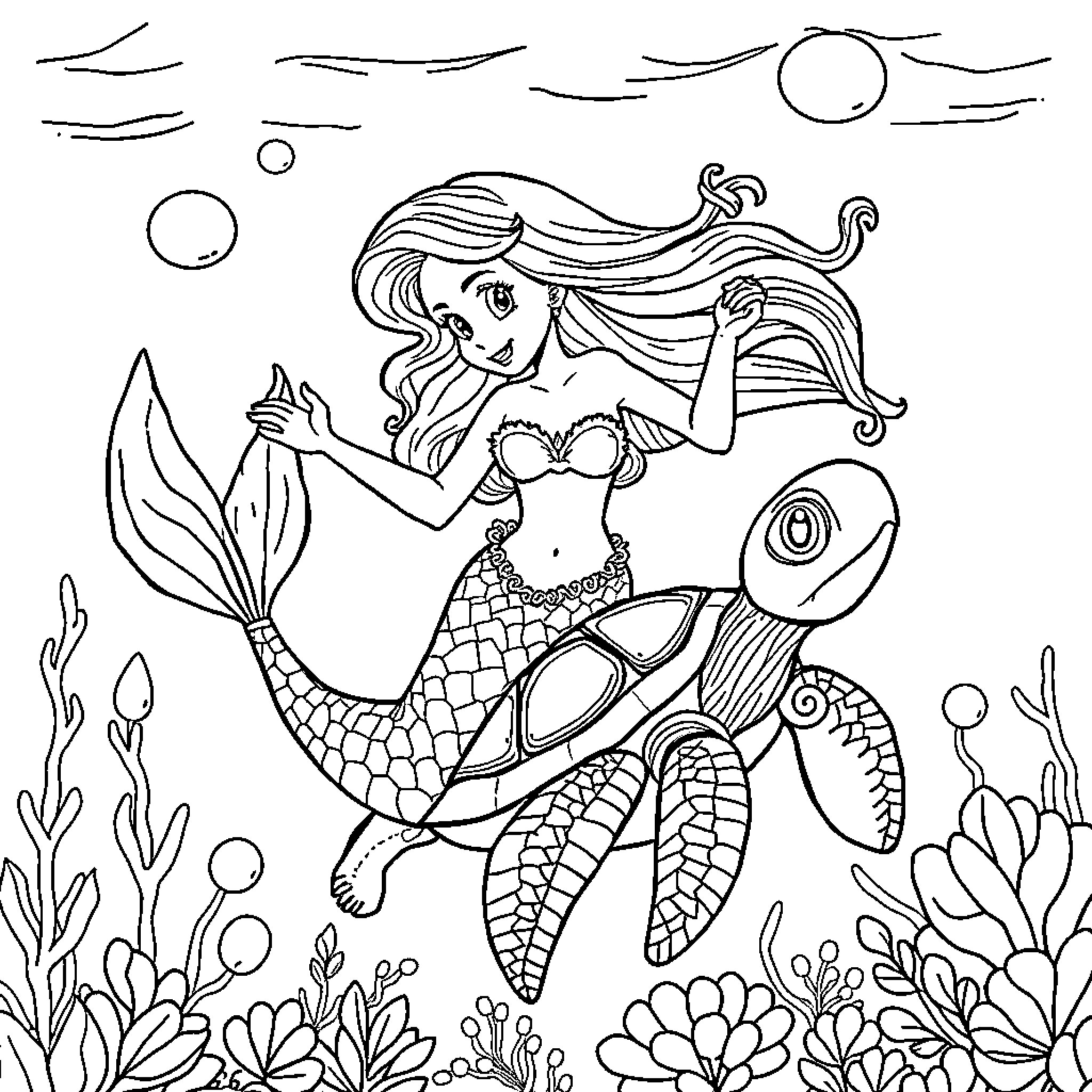 Mermaid swimming amongst marine life Coloring Page (free black-and-white line drawing printable PDF for all, from beginners to advanced learners, including children, teens, adults, and seniors)