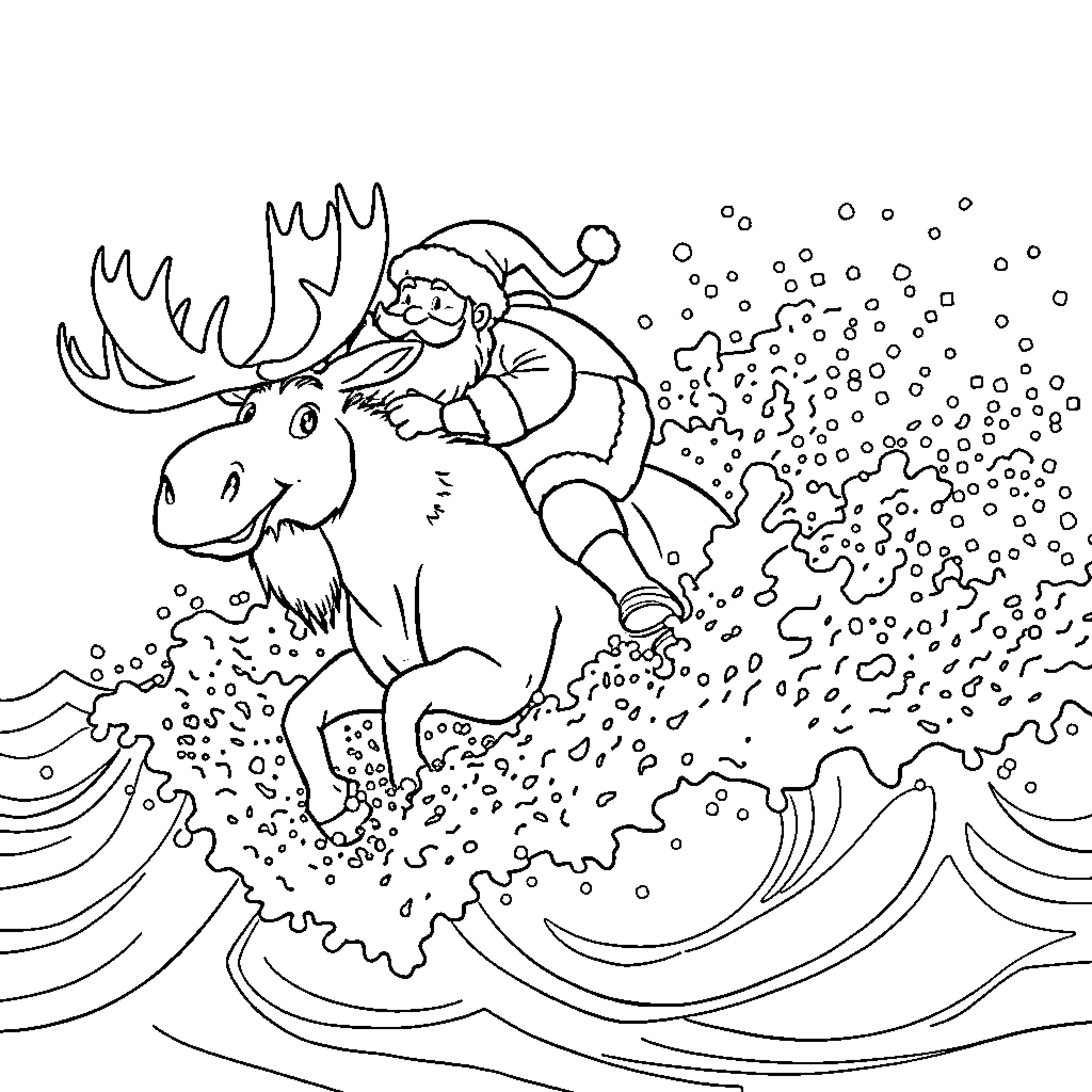 Santa riding a snowy moose through a wintry landscape Coloring Page (free black-and-white line drawing printable PDF for all, from beginners to advanced learners, including children, teens, adults, and seniors)