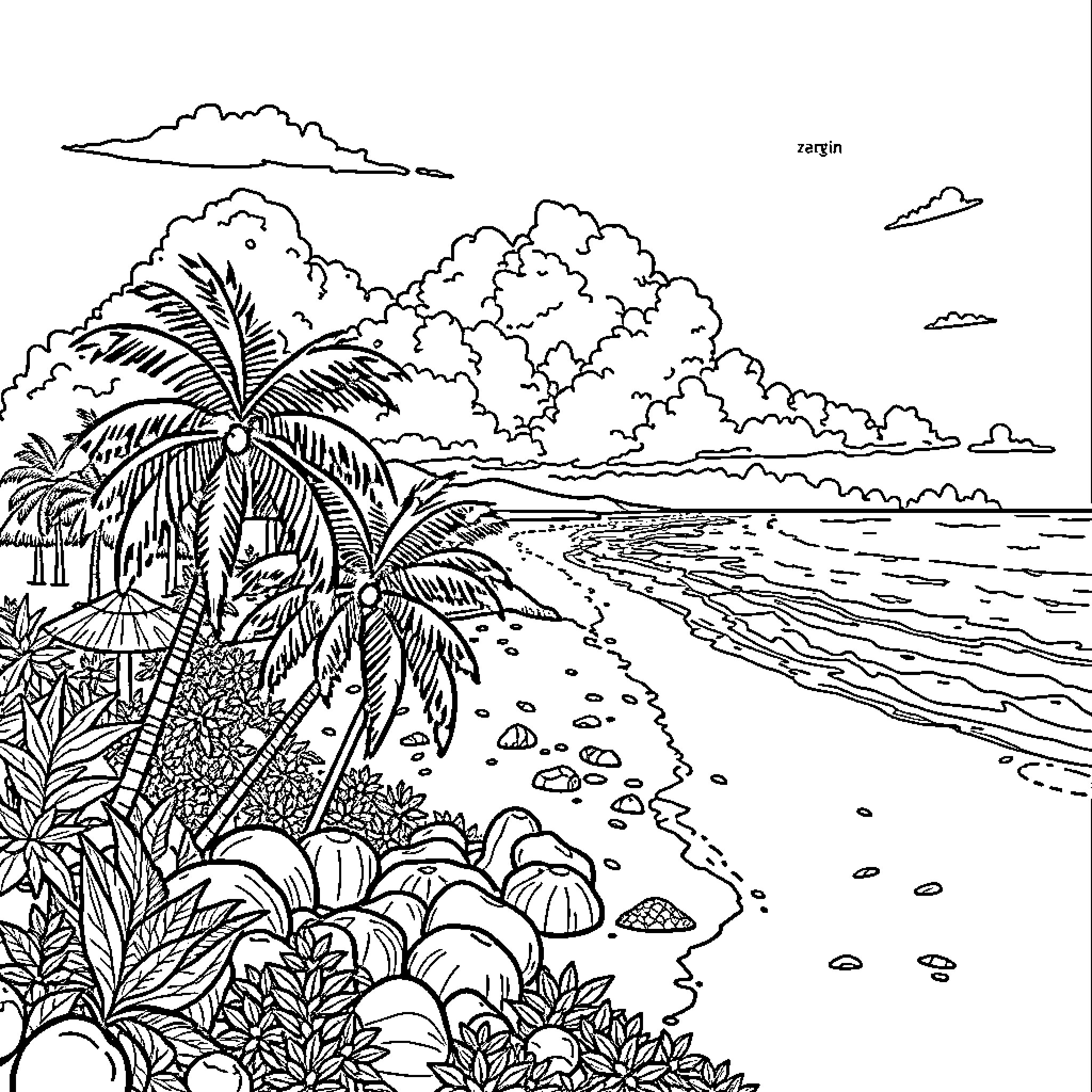 Land of palm trees and tropical beach Coloring Page (free black-and-white line drawing printable PDF for all, from beginners to advanced learners, including children, teens, adults, and seniors)