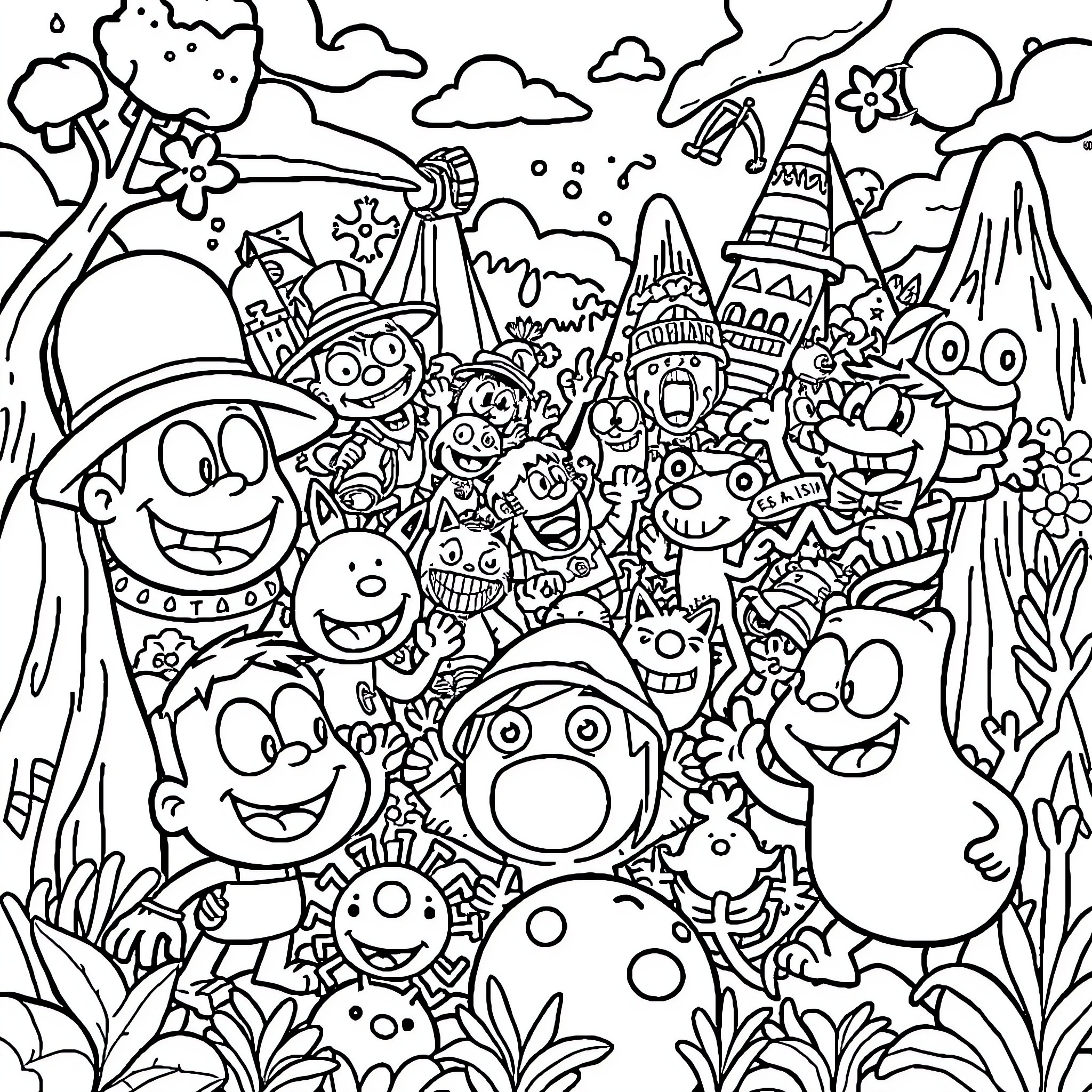 Cartun Monsters and Characters in Whimsical Landscape Coloring Page (free black-and-white line drawing printable PDF for all, from beginners to advanced learners, including children, teens, adults, and seniors)