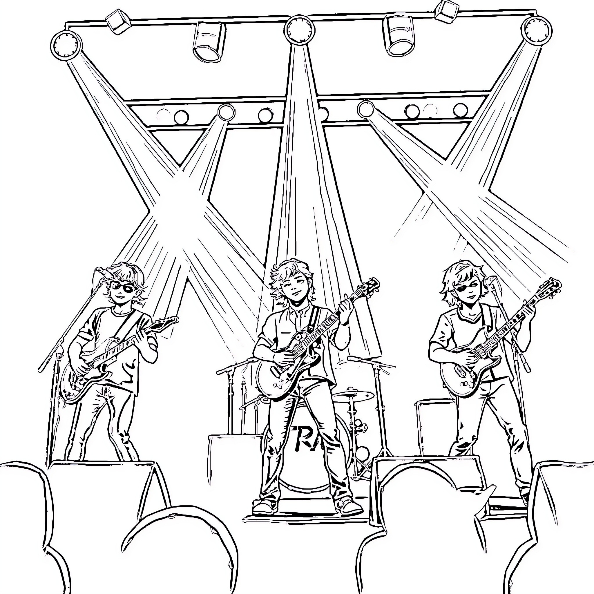 Stray Kids Performing on Stage Coloring Page (free black-and-white line drawing printable PDF for all, from beginners to advanced learners, including children, teens, adults, and seniors)