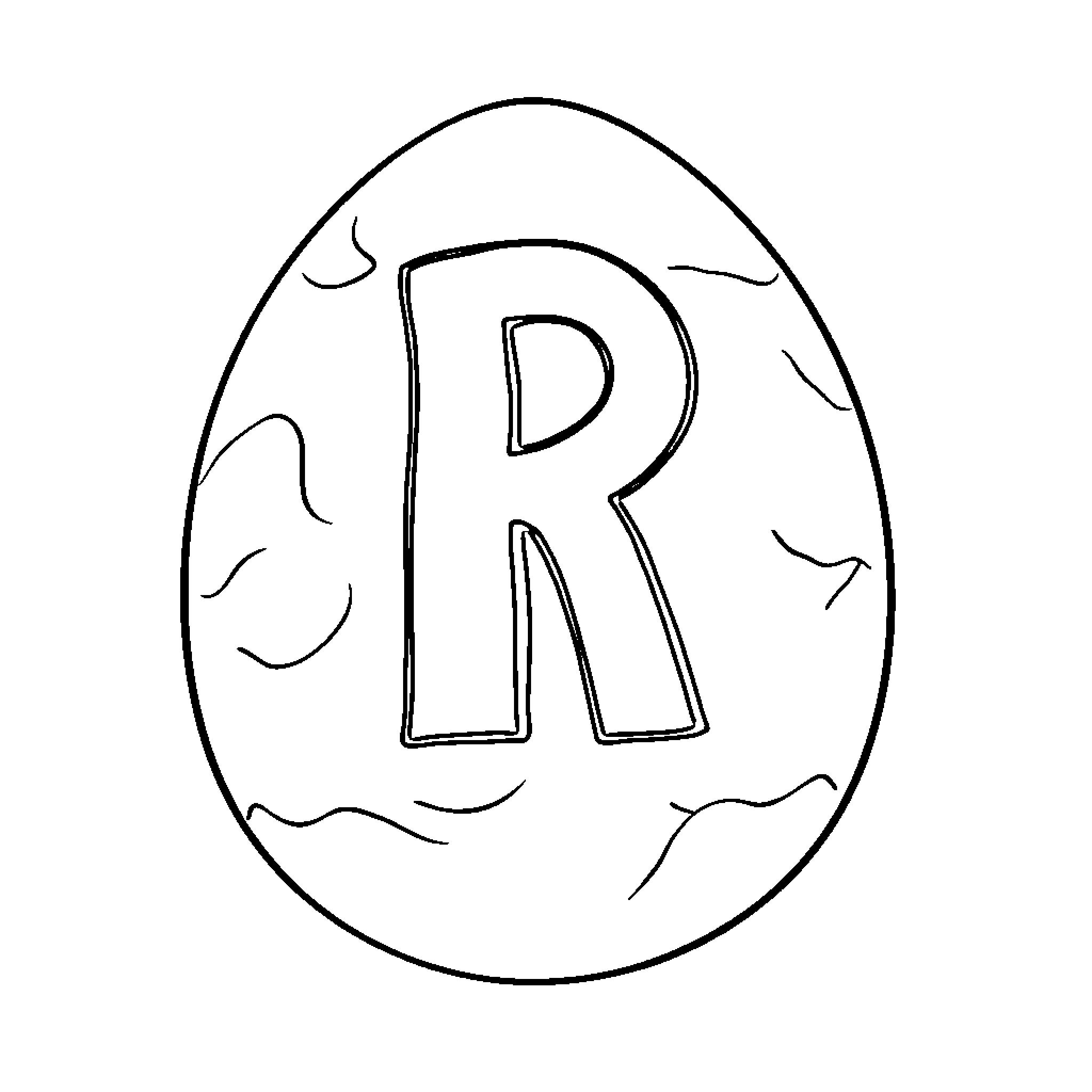 Dinosaur Egg with Cracked Letter R Coloring Page (free black-and-white line drawing printable PDF for all, from beginners to advanced learners, including children, teens, adults, and seniors)