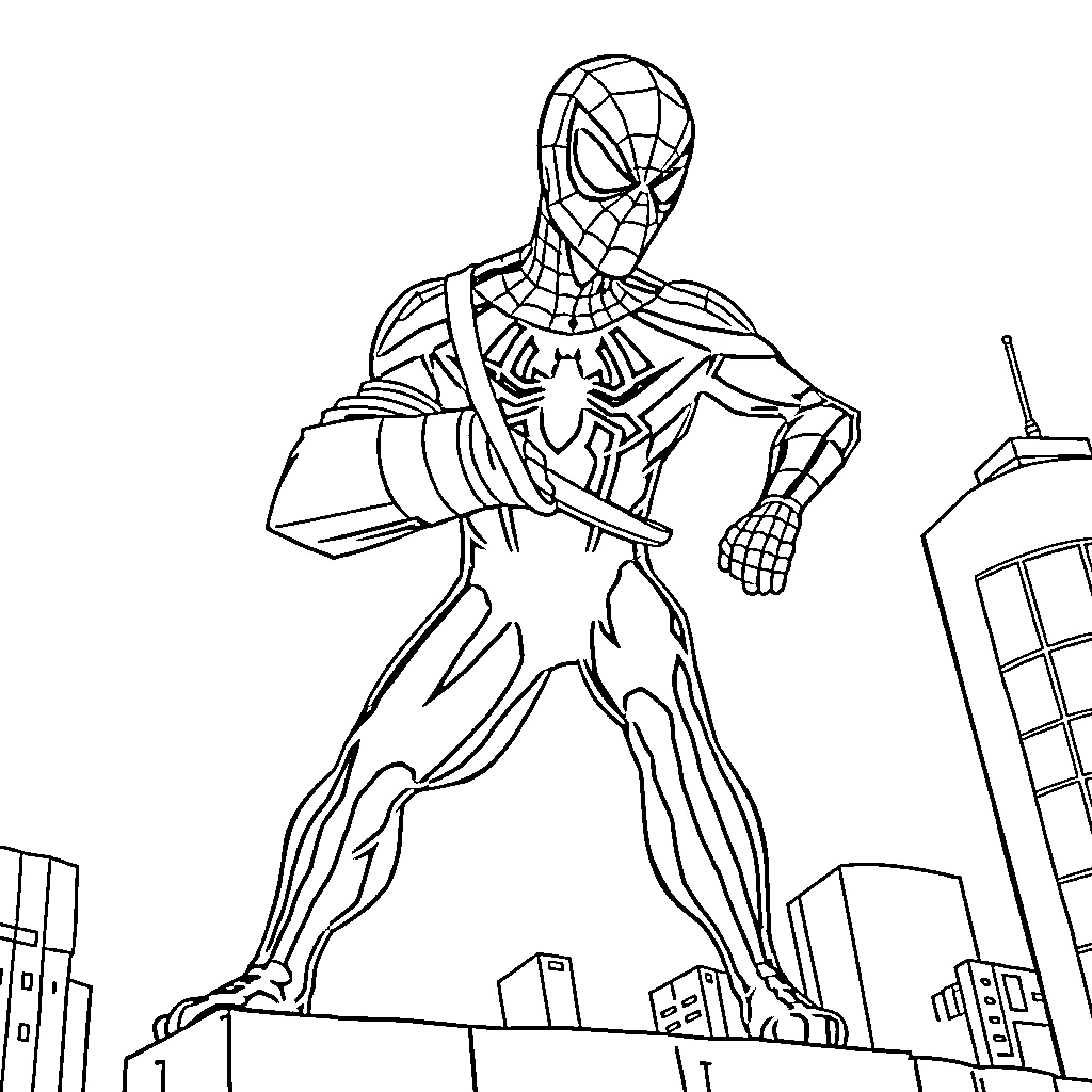Spiderman posing heroically in the city Coloring Page (free black-and-white line drawing printable PDF for all, from beginners to advanced learners, including children, teens, adults, and seniors)