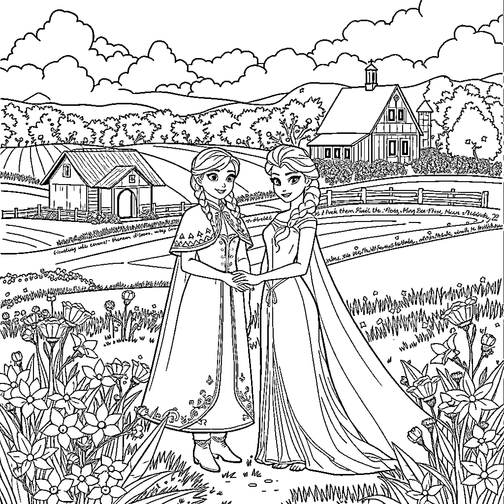 Vaiana and Elsa exploring the enchanting countryside Coloring Page (free black-and-white line drawing printable PDF for all, from beginners to advanced learners, including children, teens, adults, and seniors)