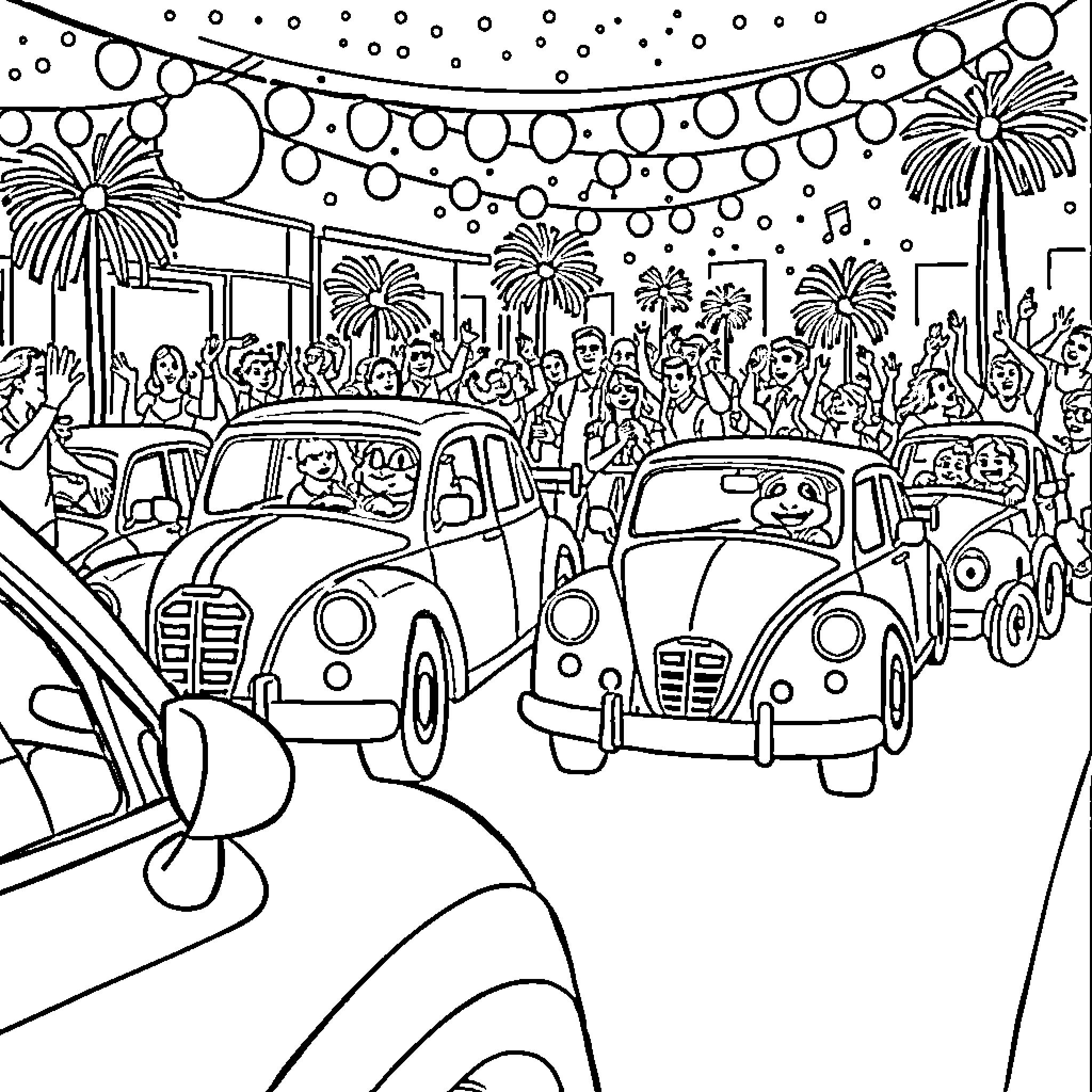 Cars at a festive carnival celebration Coloring Page (free black-and-white line drawing printable PDF for all, from beginners to advanced learners, including children, teens, adults, and seniors)