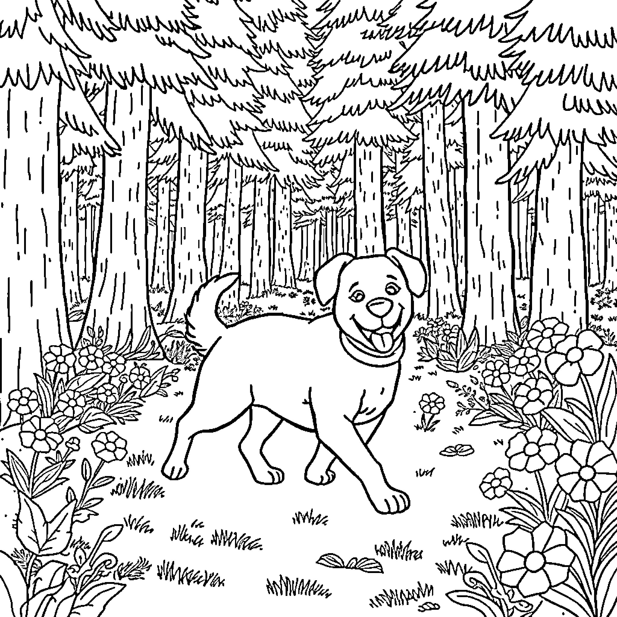 Dog exploring the forest Coloring Page (free black-and-white line drawing printable PDF for all, from beginners to advanced learners, including children, teens, adults, and seniors)