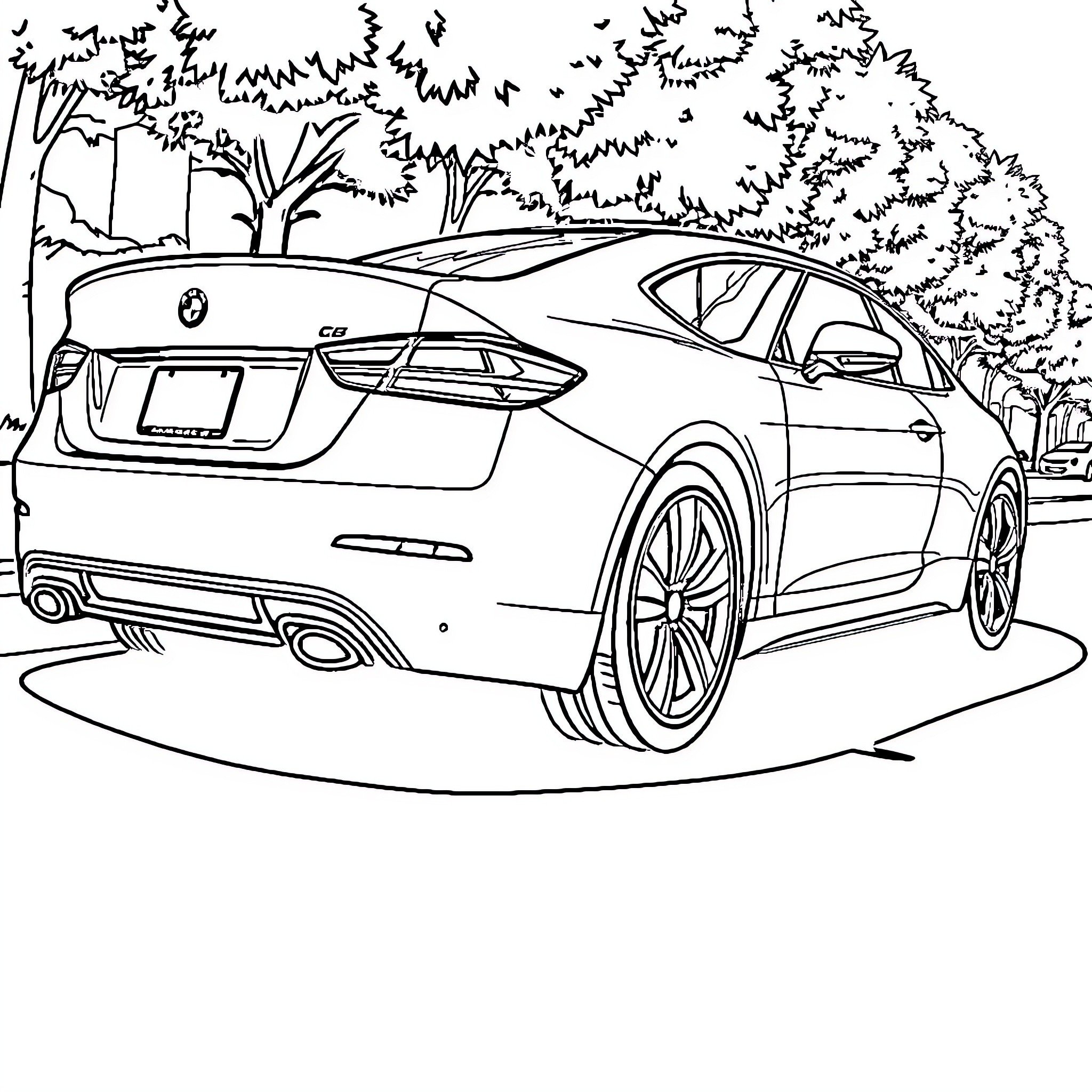 Car parked in wooded area Coloring Page (free black-and-white line drawing printable PDF for all, from beginners to advanced learners, including children, teens, adults, and seniors)