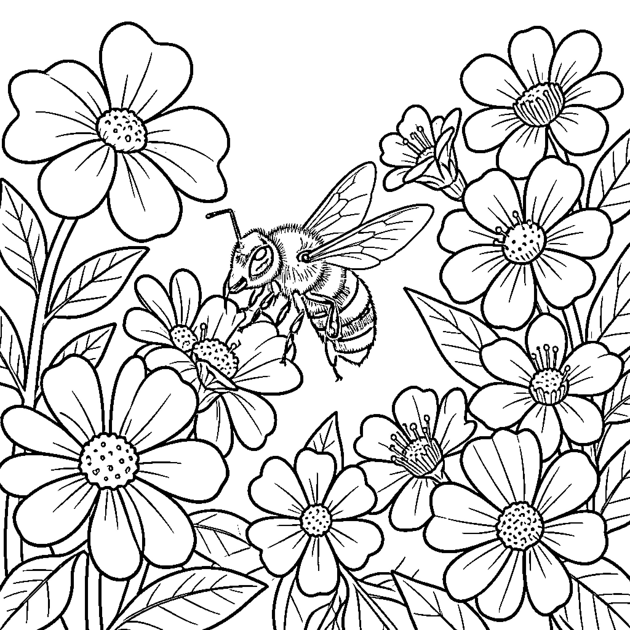 Bee pollinating flowers in a garden Coloring Page (free black-and-white line drawing printable PDF for all, from beginners to advanced learners, including children, teens, adults, and seniors)