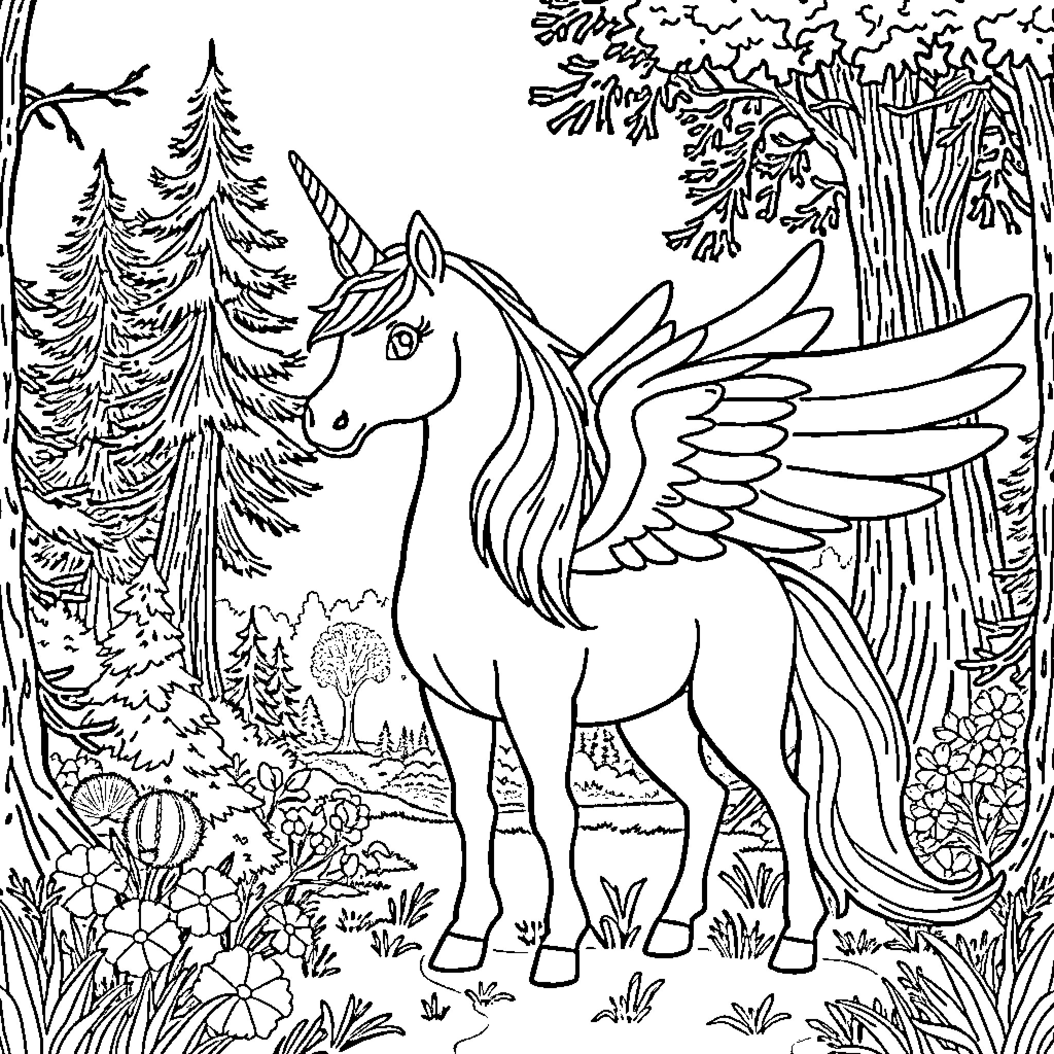 Allicorn in a Whimsical Forest Landscape Coloring Page (free black-and-white line drawing printable PDF for all, from beginners to advanced learners, including children, teens, adults, and seniors)