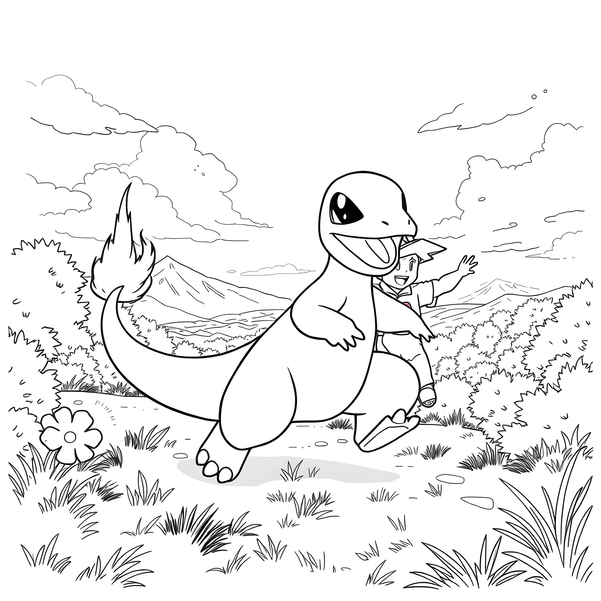Charmander exploring the scenic landscape Coloring Page (free black-and-white line drawing printable PDF for all, from beginners to advanced learners, including children, teens, adults, and seniors)