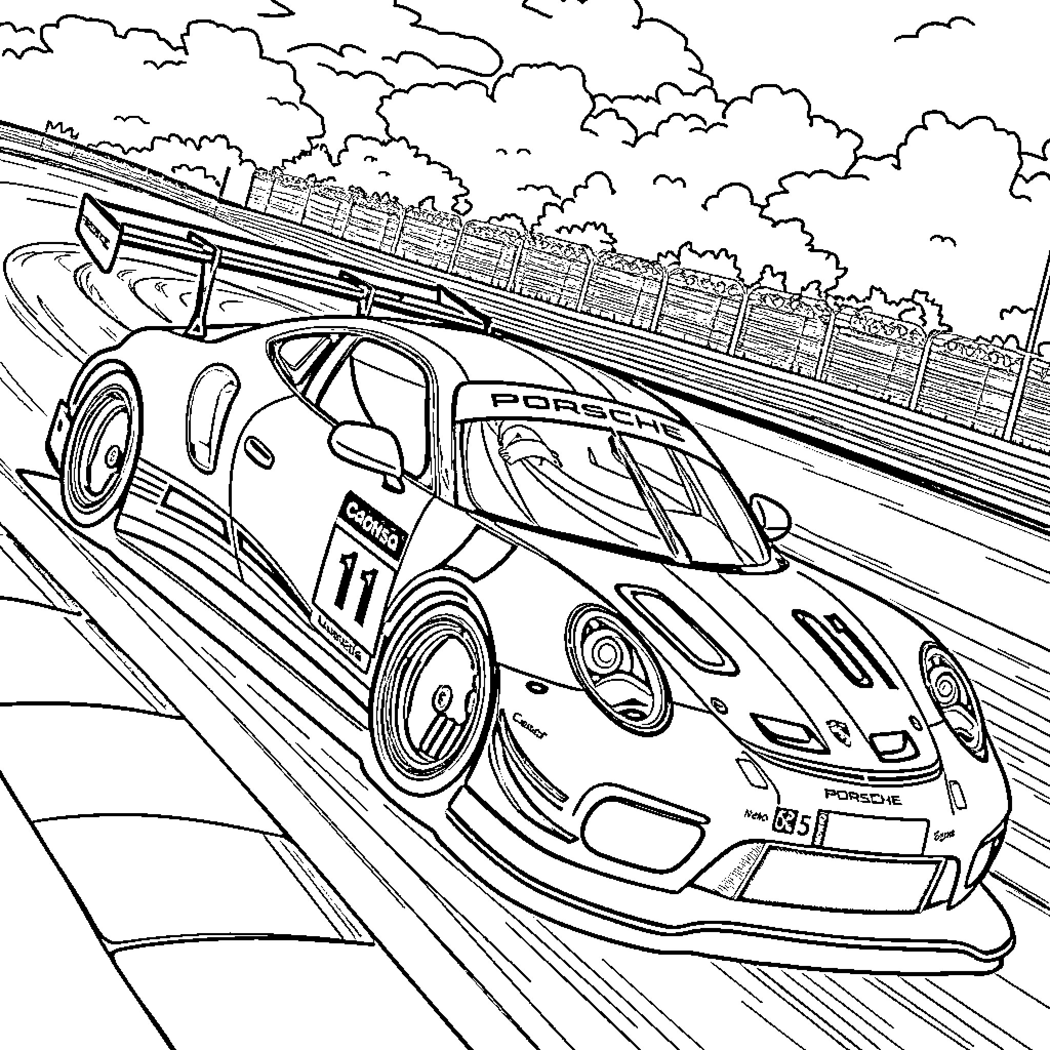 Porsche racing fast on a professional track Coloring Page (free black-and-white line drawing printable PDF for all, from beginners to advanced learners, including children, teens, adults, and seniors)