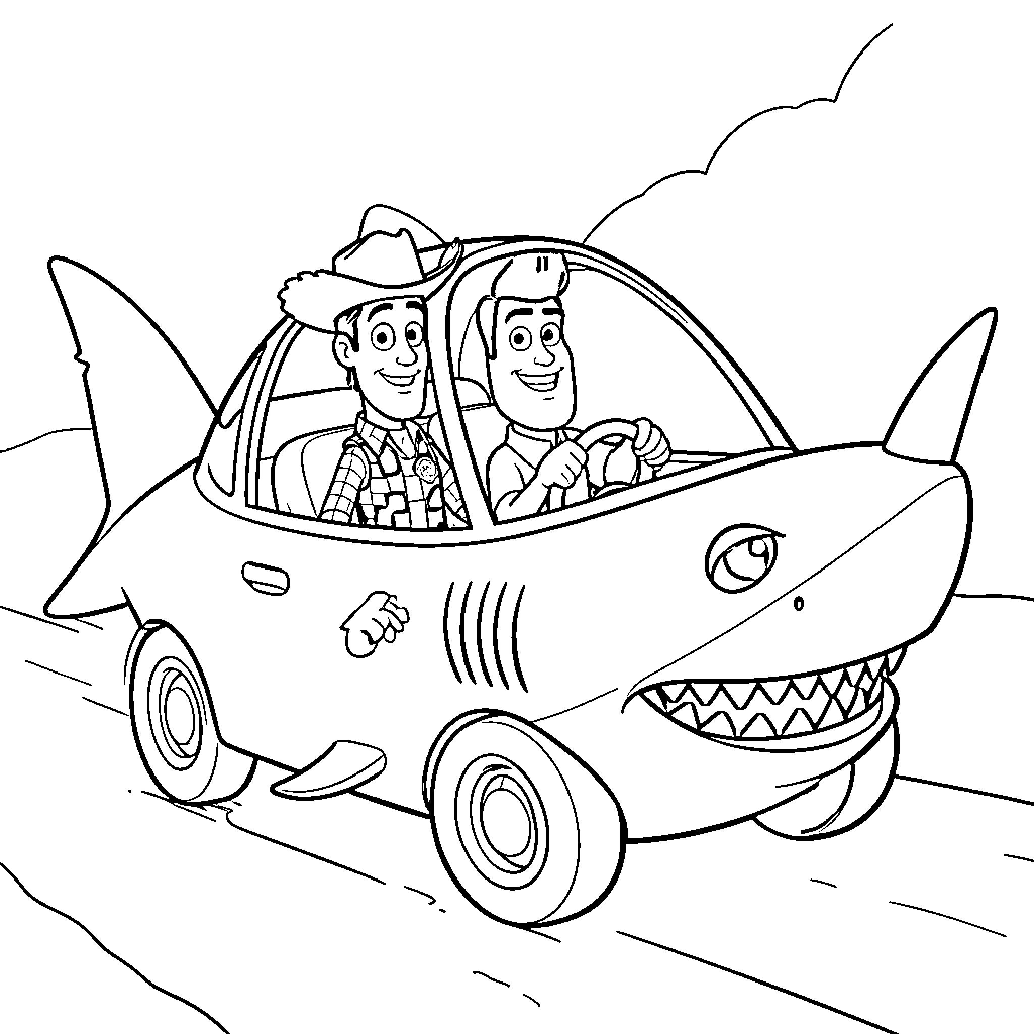 Woody and Buzz smiling while driving a shark car Coloring Page (free black-and-white line drawing printable PDF for all, from beginners to advanced learners, including children, teens, adults, and seniors)