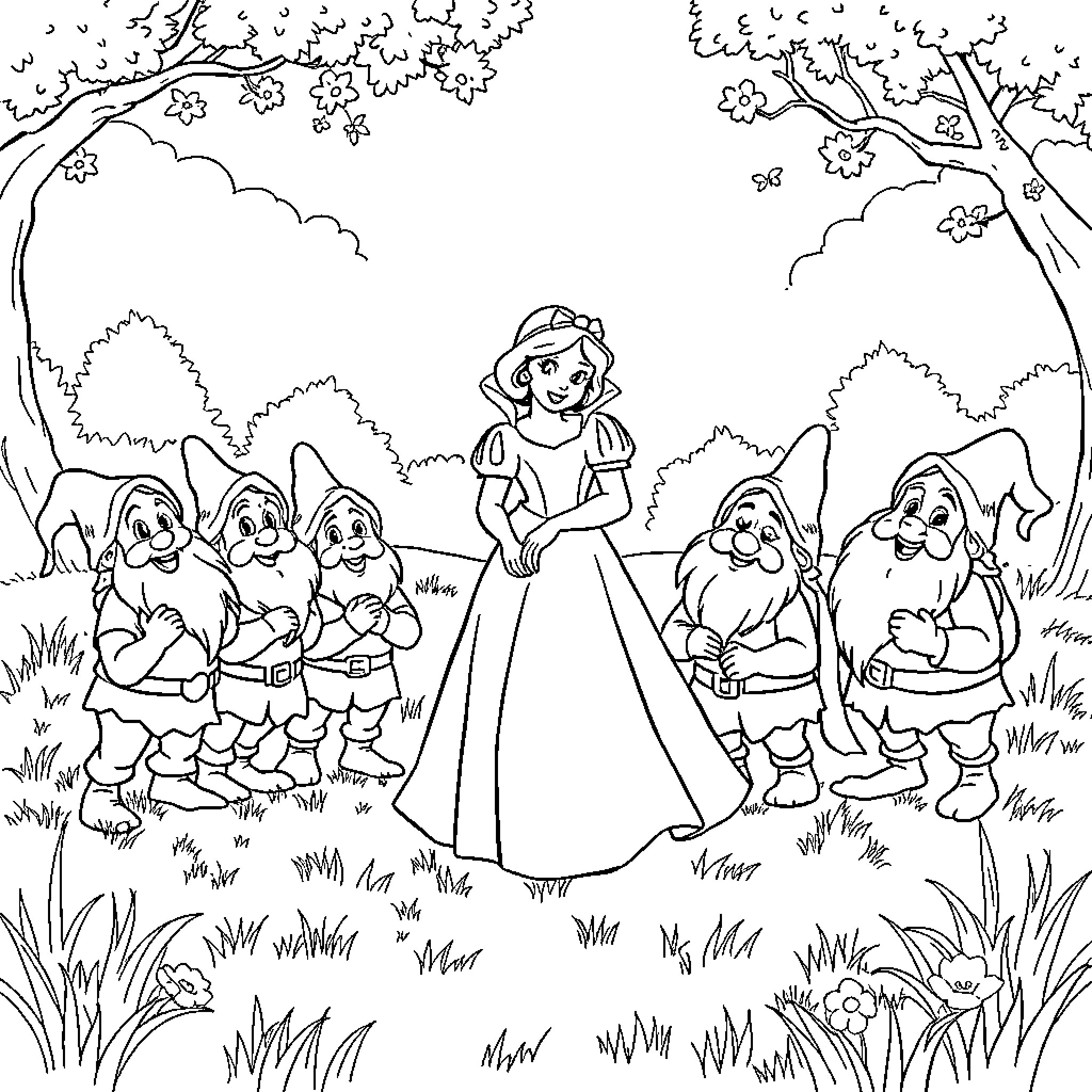 Snow White with Seven Dwarfs in the Forest Coloring Page (free black-and-white line drawing printable PDF for all, from beginners to advanced learners, including children, teens, adults, and seniors)