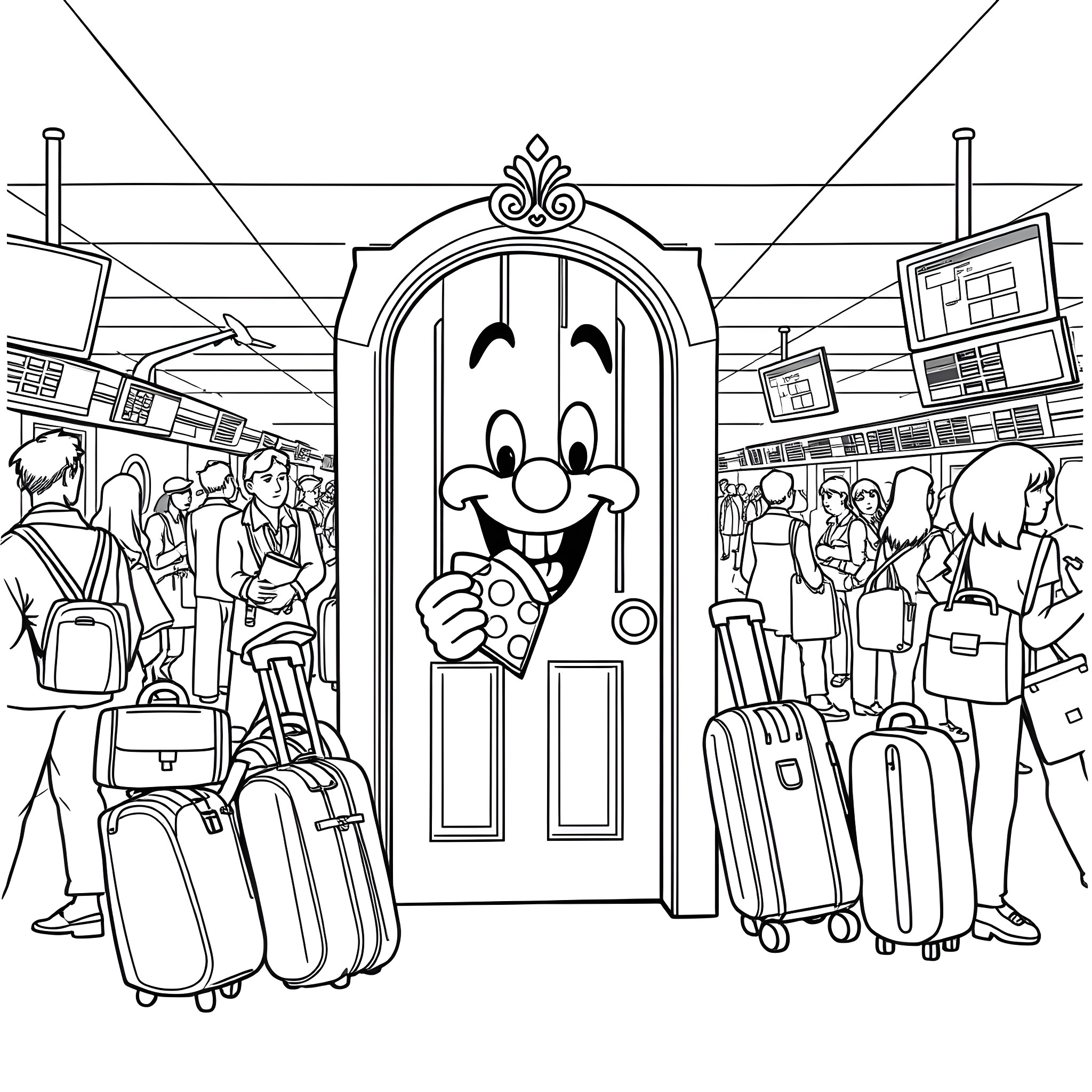 Scrooby's Cheerful Airport Crowd Coloring Page (free black-and-white line drawing printable PDF for all, from beginners to advanced learners, including children, teens, adults, and seniors)