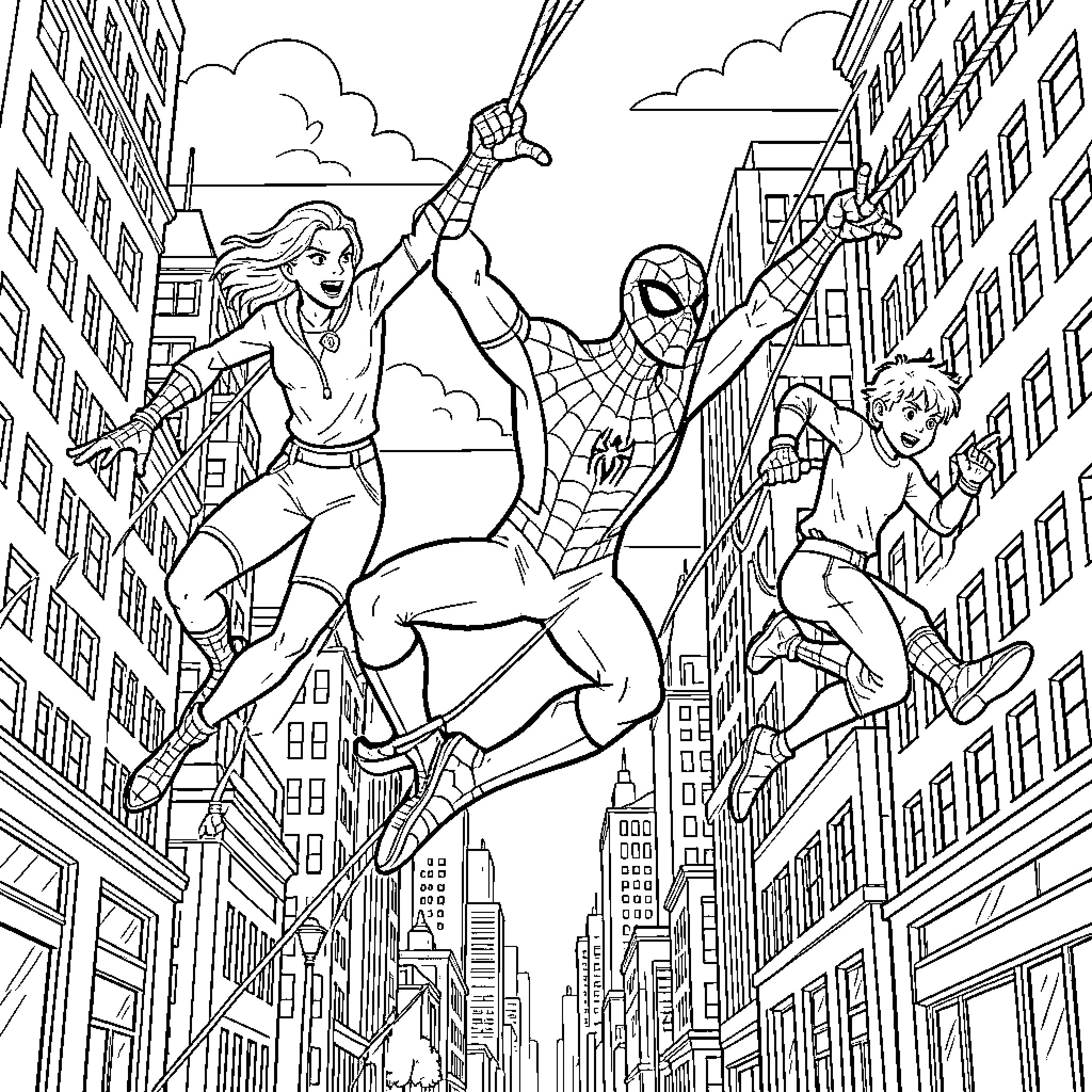 Spider-Heroes swinging through the city skyline Coloring Page (free black-and-white line drawing printable PDF for all, from beginners to advanced learners, including children, teens, adults, and seniors)