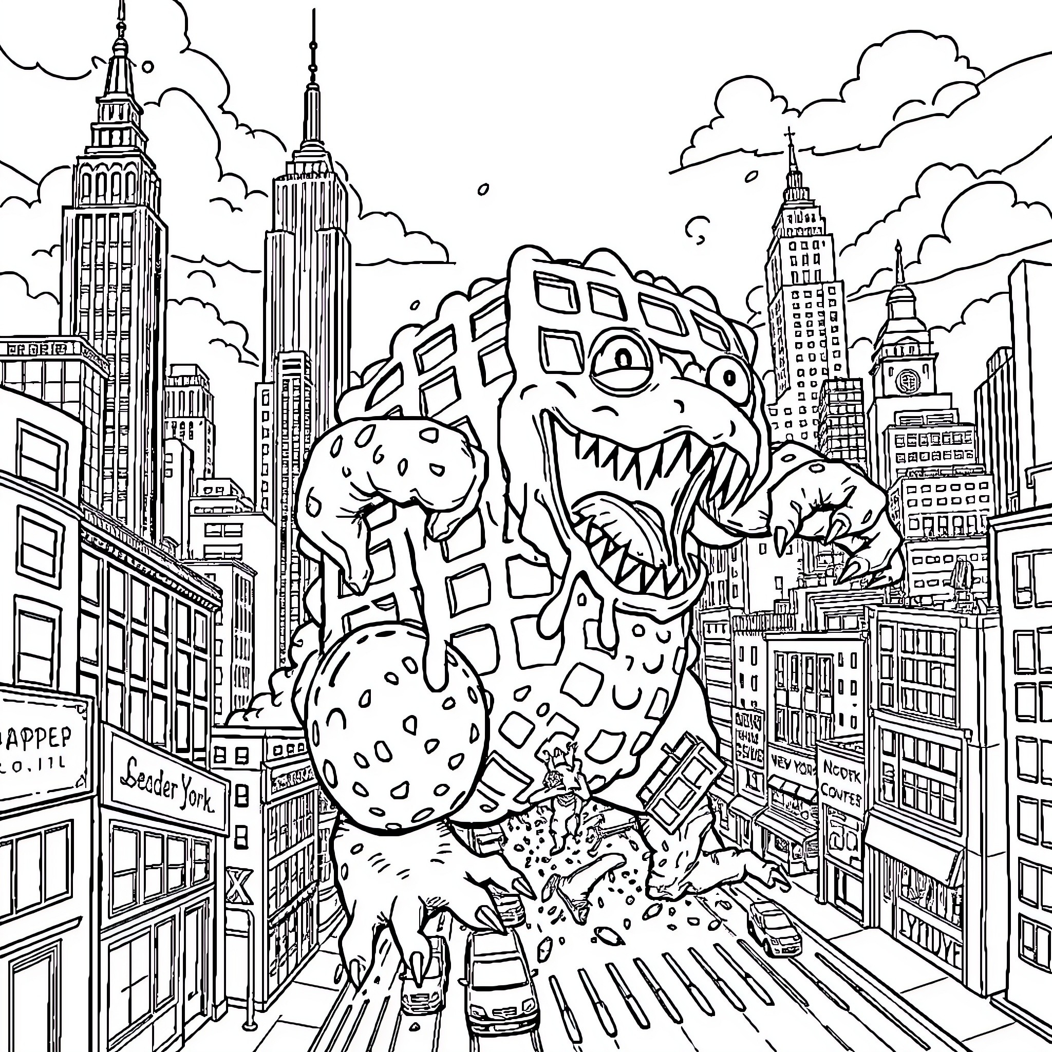 Waffle Monster Stomping Through a Skyscraper City Coloring Page (free black-and-white line drawing printable PDF for all, from beginners to advanced learners, including children, teens, adults, and seniors)