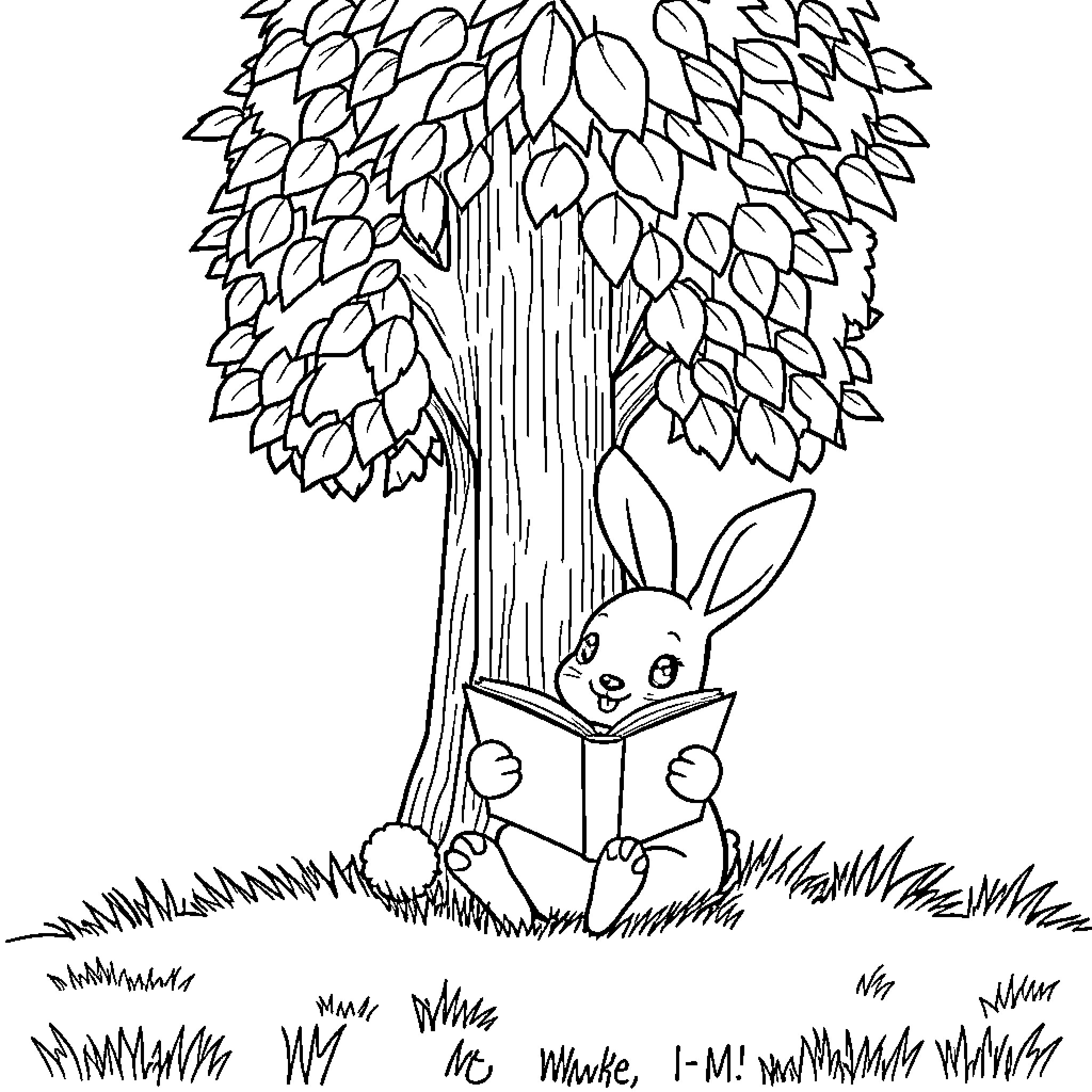Bunny reading under a tree Coloring Page (free black-and-white line drawing printable PDF for all, from beginners to advanced learners, including children, teens, adults, and seniors)